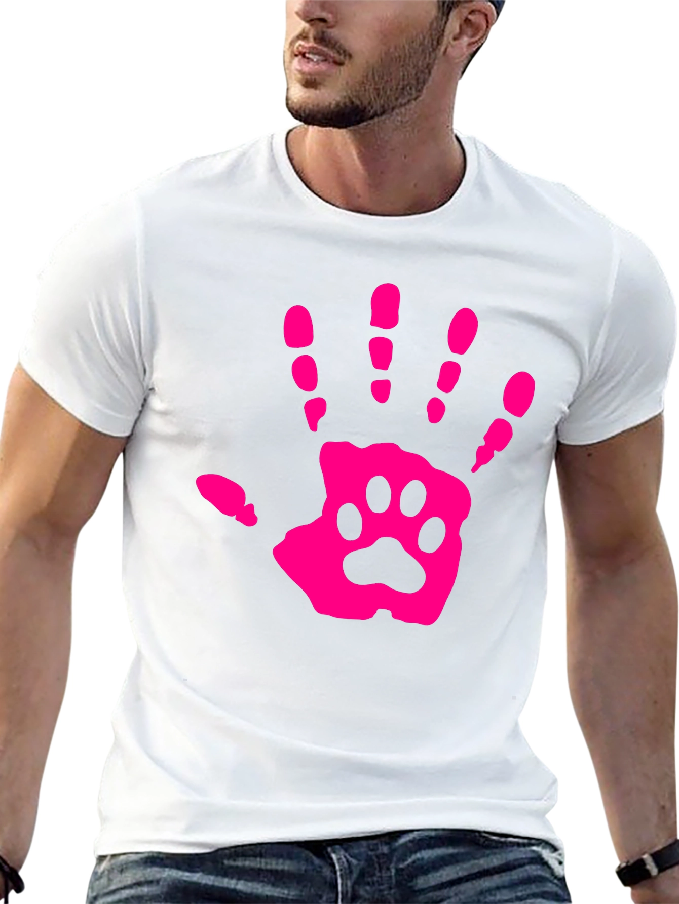 Pink Paw Print Hand Black T-Shirt