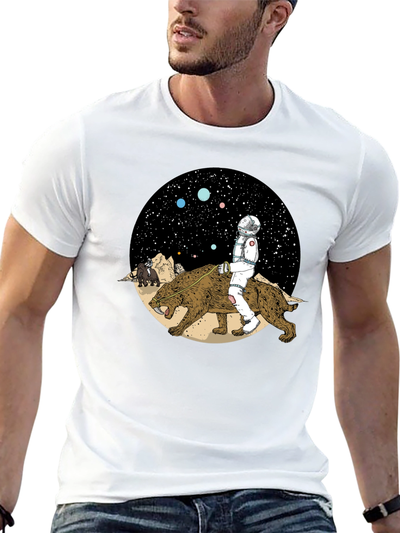 Astronaut Riding Saber-Toothed Tiger Graphic T-Shirt