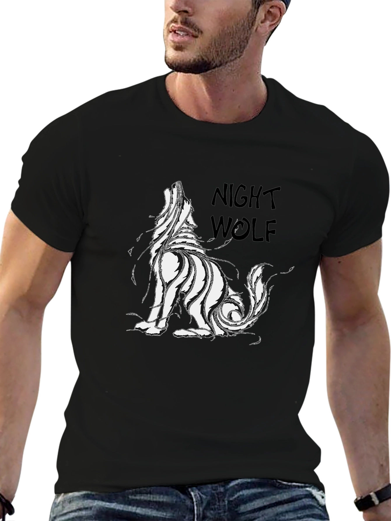 Night Wolf Graphic Print Black T-Shirt