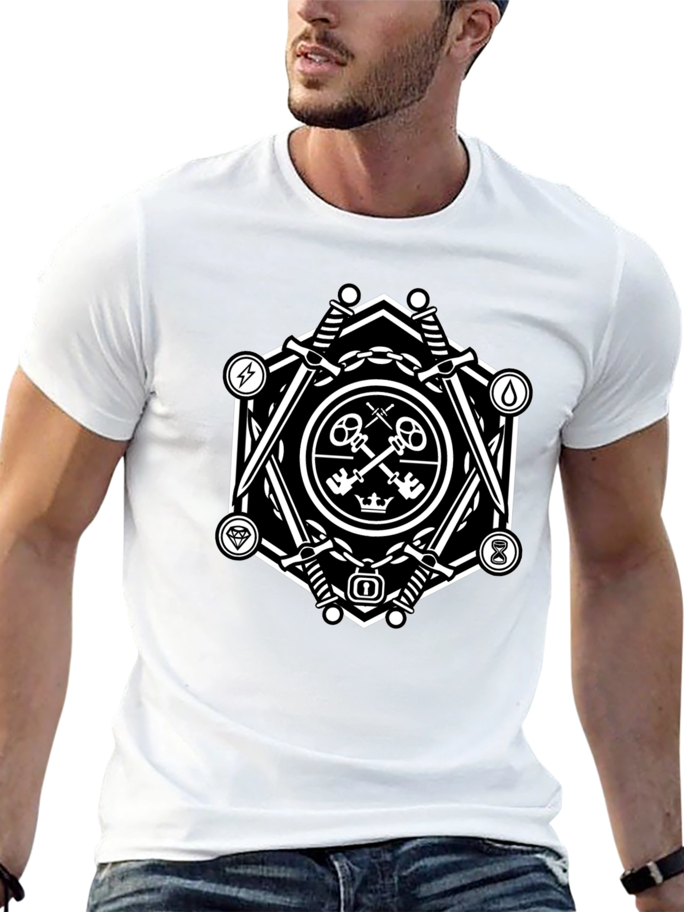 Geometric Key & Sword Graphic Black T-Shirt