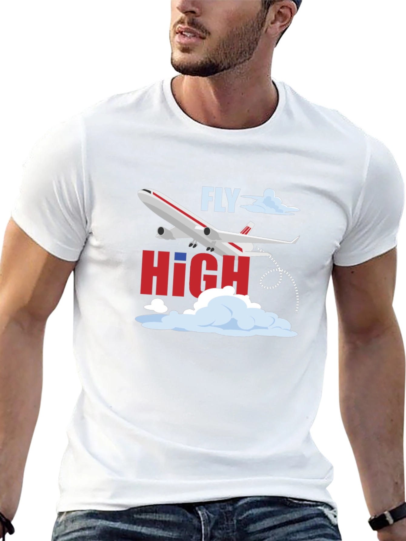 Fly High Airplane Graphic Tee - Black Cotton T-Shirt