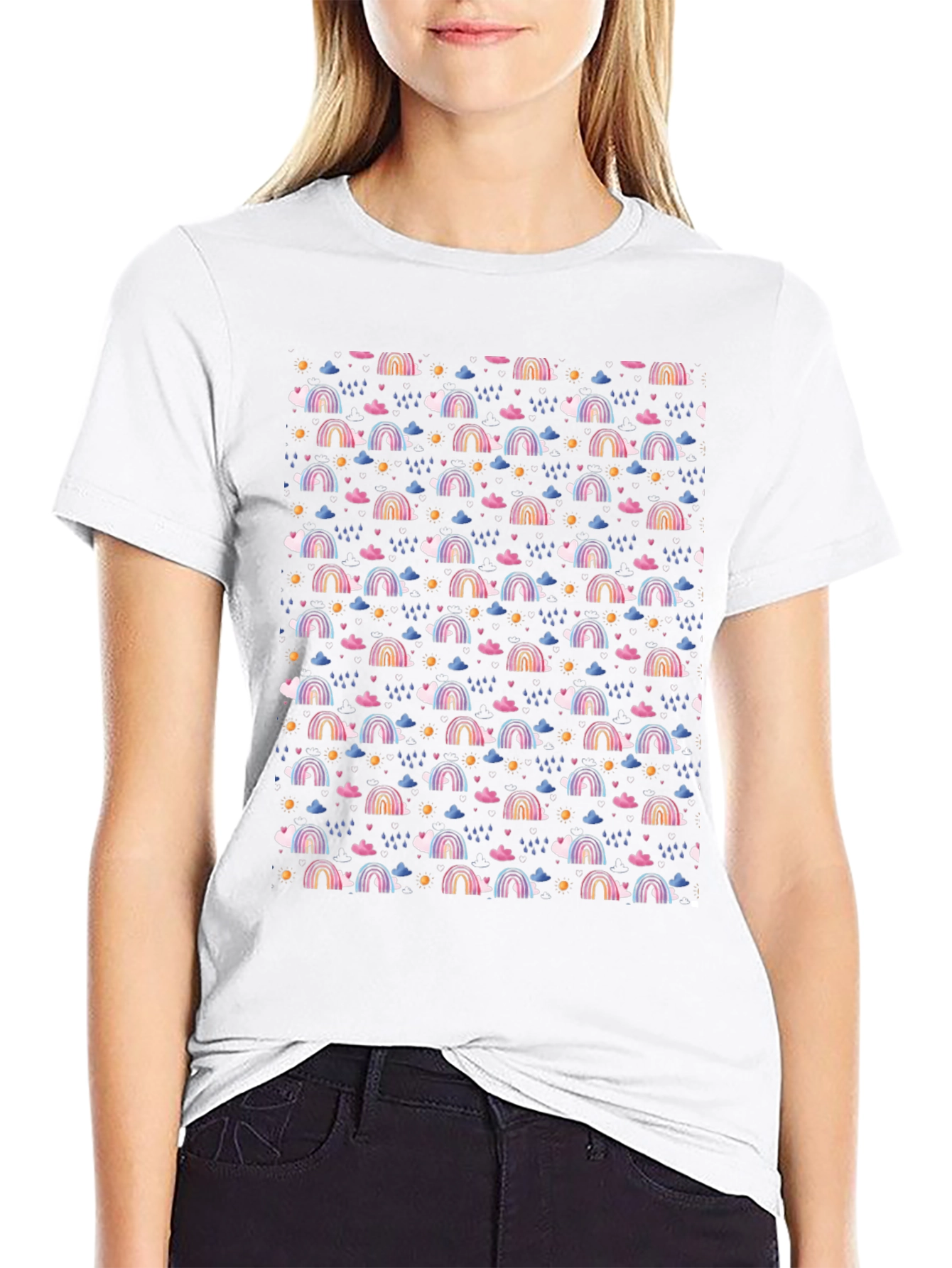 Rainbow Cloud Pattern Black T-Shirt