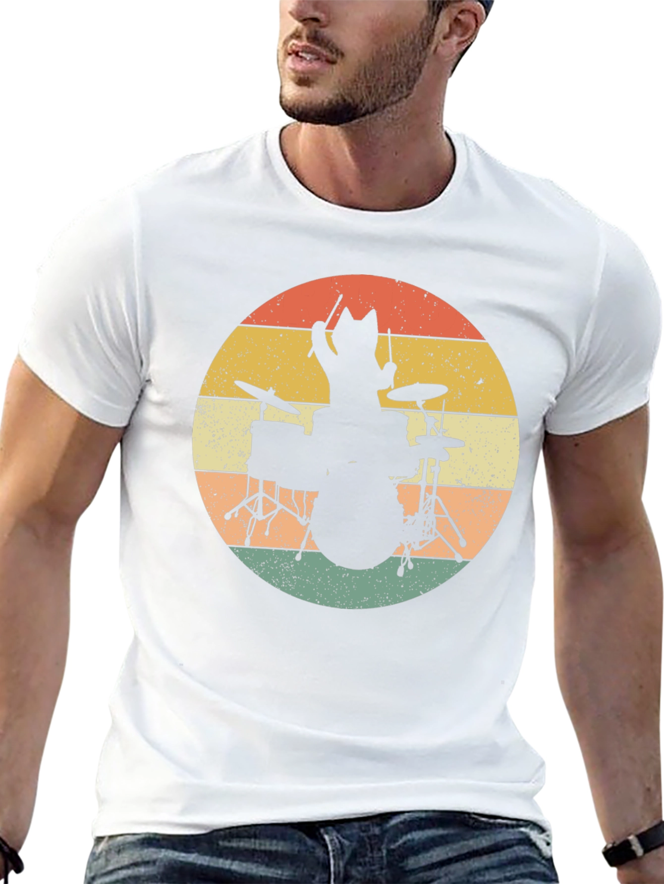 Cat Drummer T-Shirt - Retro Style Black Tee