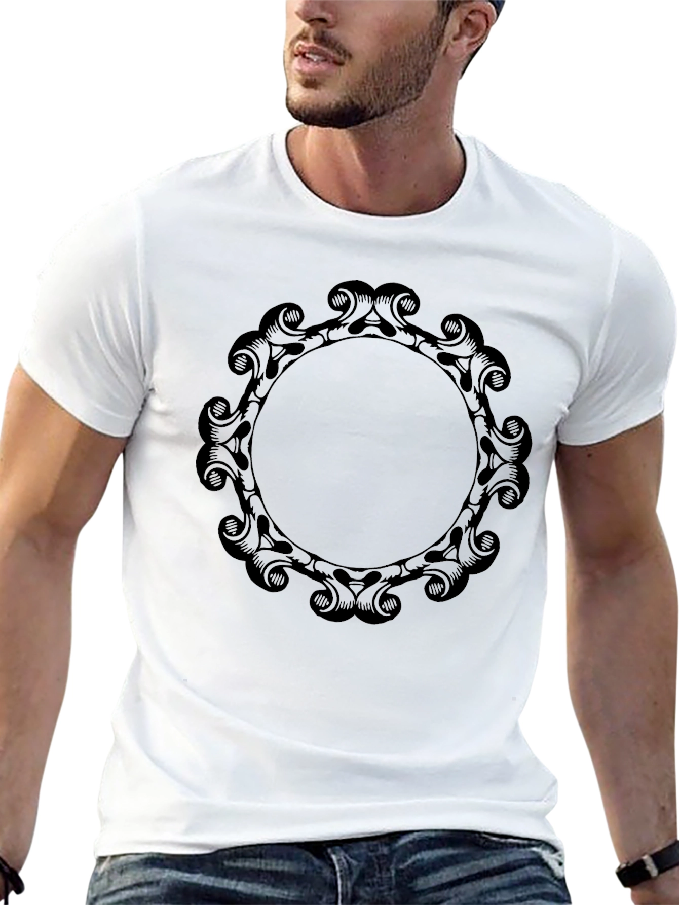Elegant Scroll Frame Black T-Shirt