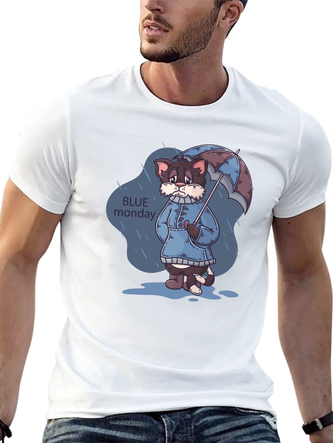 Blue Monday Cat T-Shirt - Rainy Day Style