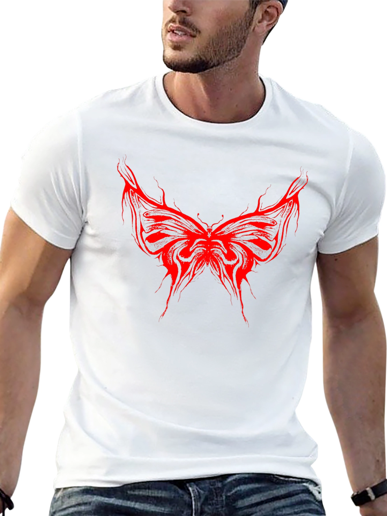 Edgy Red Butterfly Graphic Black T-Shirt