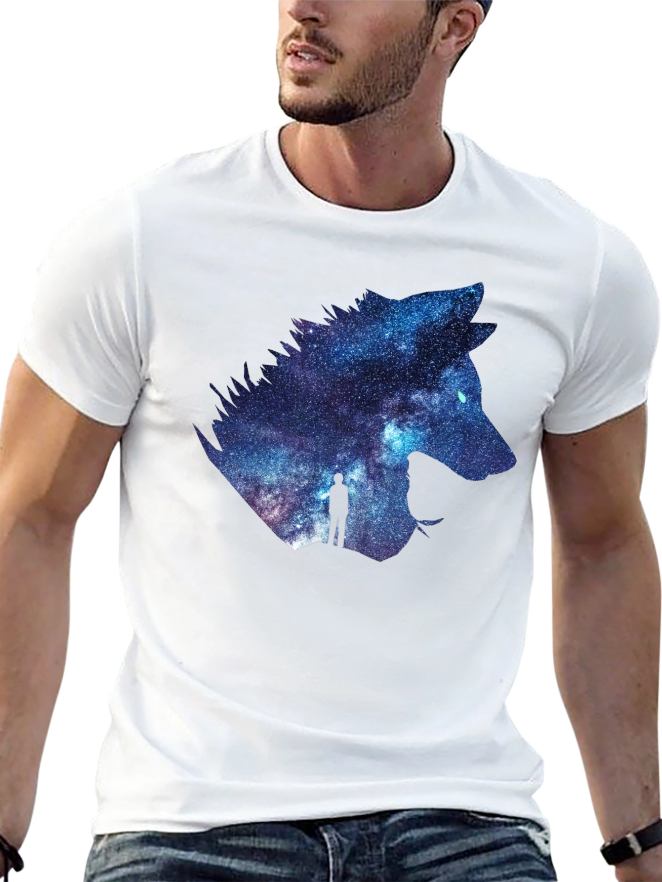 Galaxy Wolf Graphic T-Shirt - Black Crew Neck