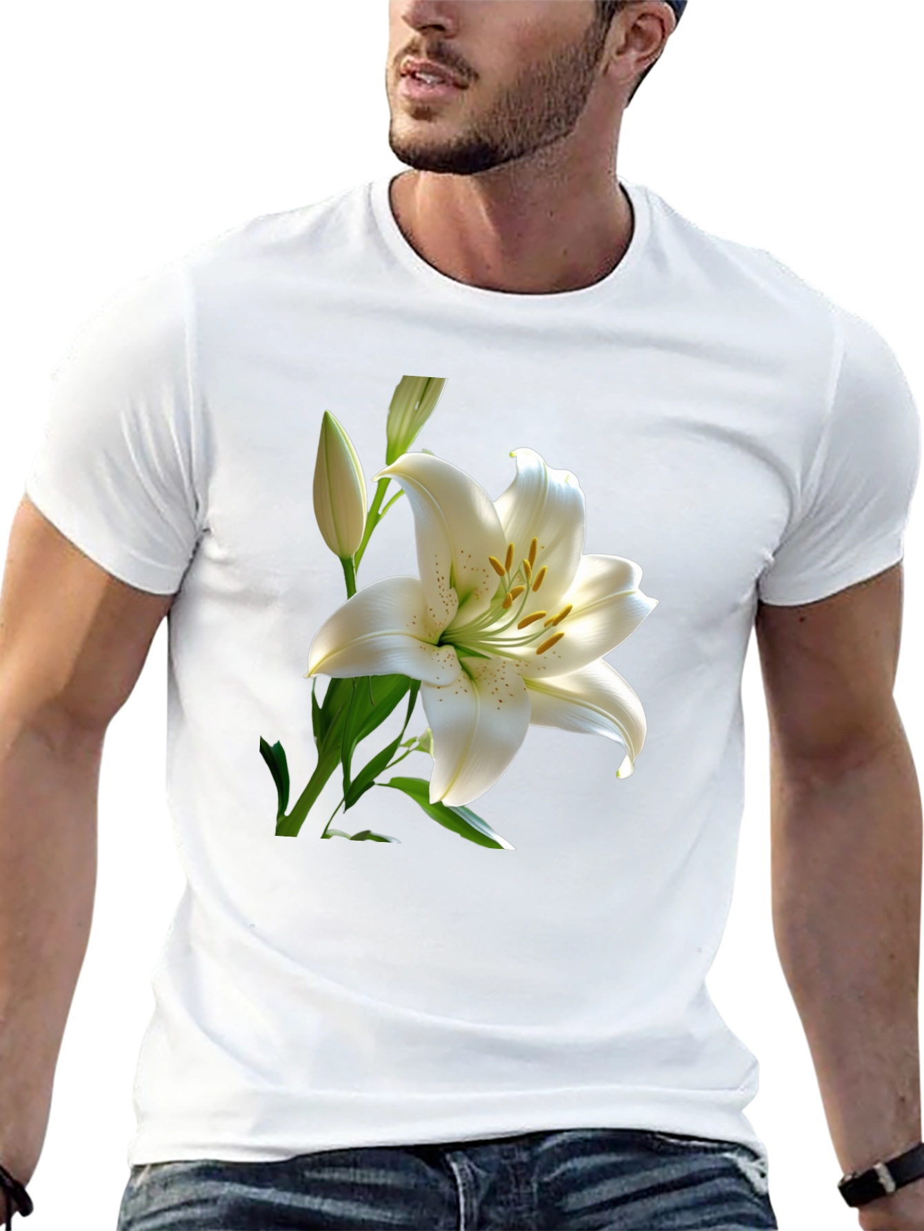 White Lily Graphic Tee - Elegant Floral Design