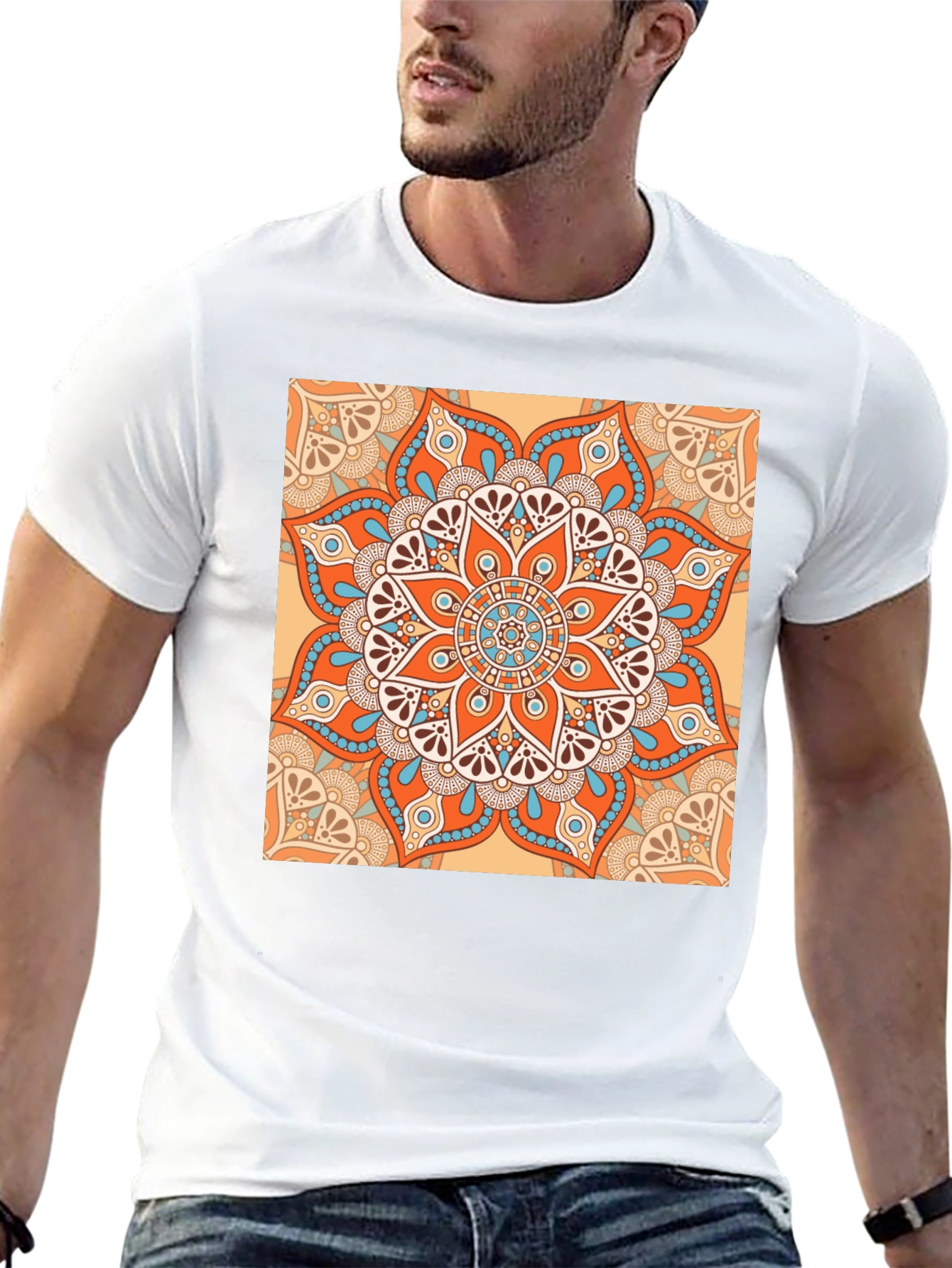 Black T-Shirt with Geometric Mandala Print