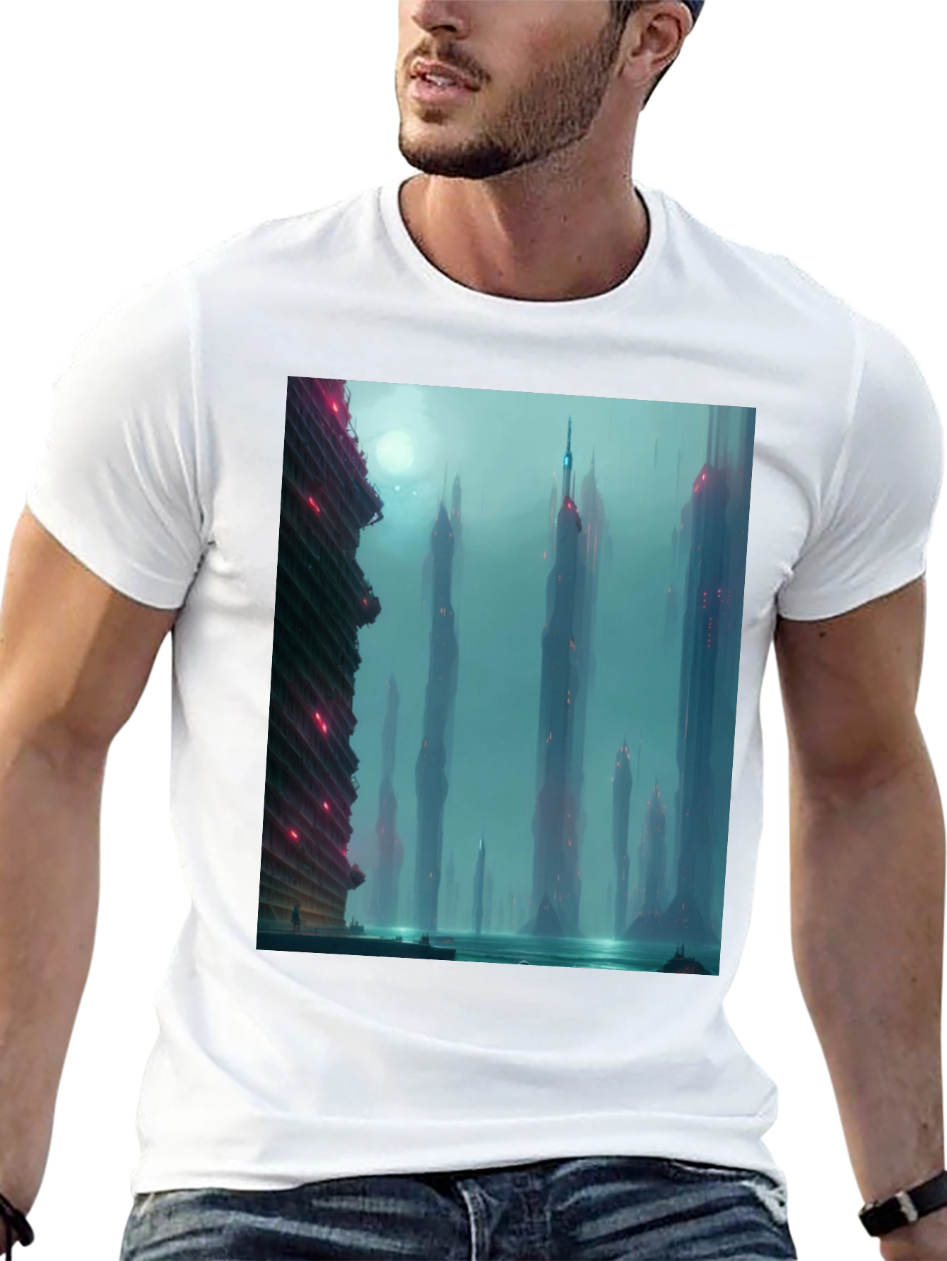 Sci-Fi Cityscape Graphic Tee - Black Casual T-Shirt