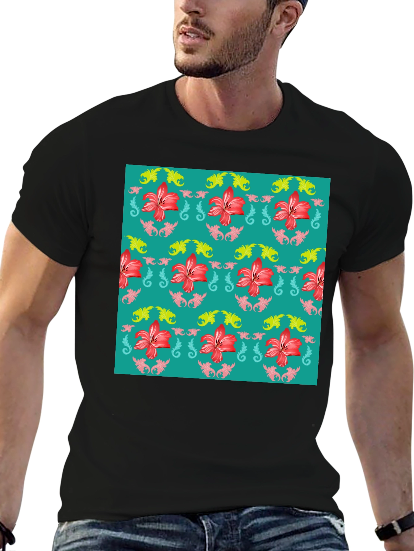 Floral Patterned Mens Black T-Shirt
