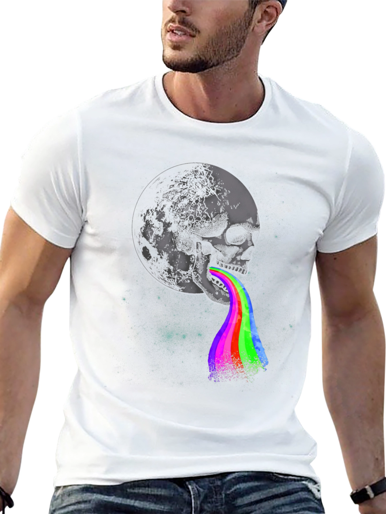 Skull & Moon Rainbow Vomit Graphic T-Shirt