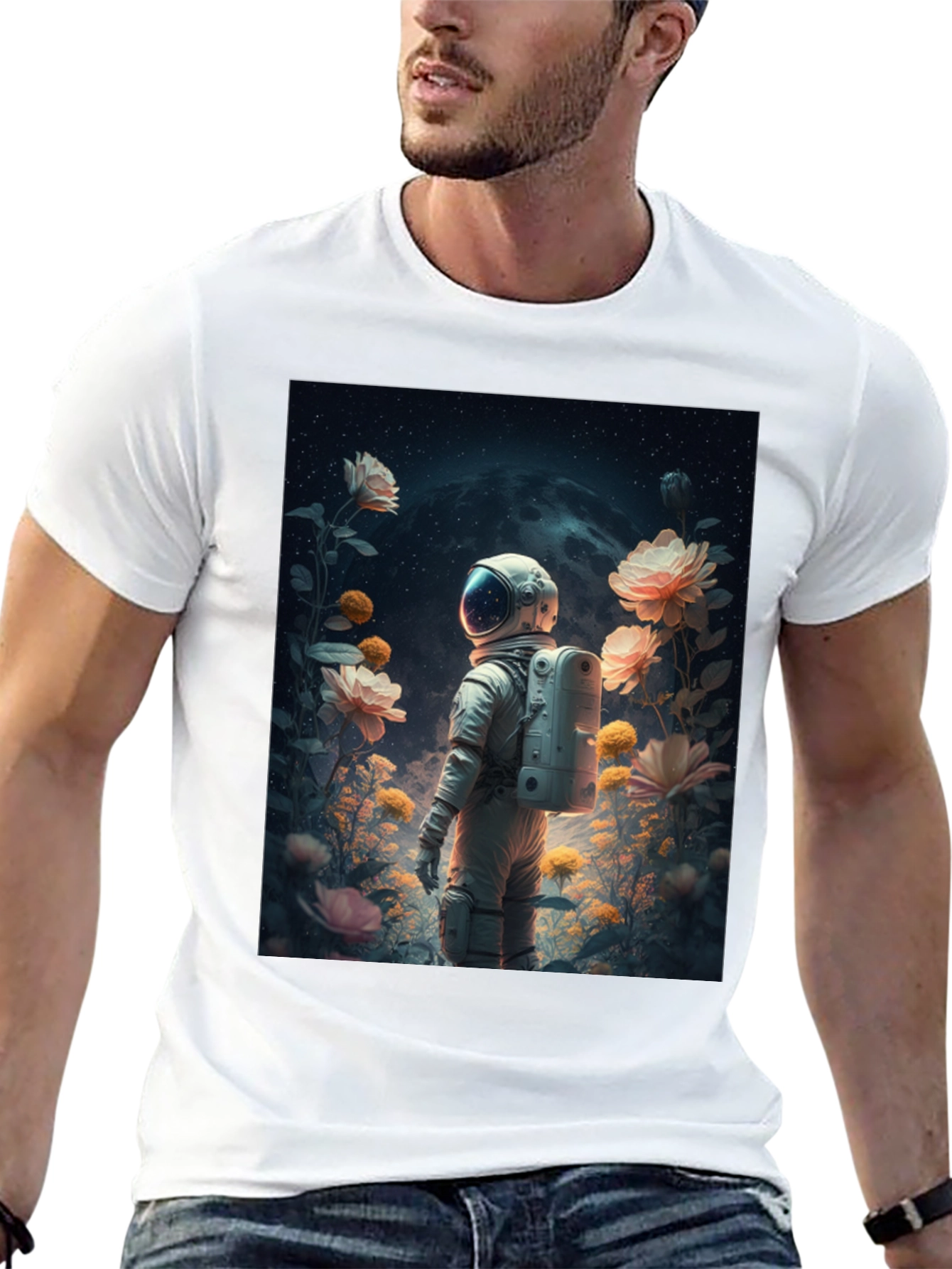 Astronaut in Floral Space T-Shirt
