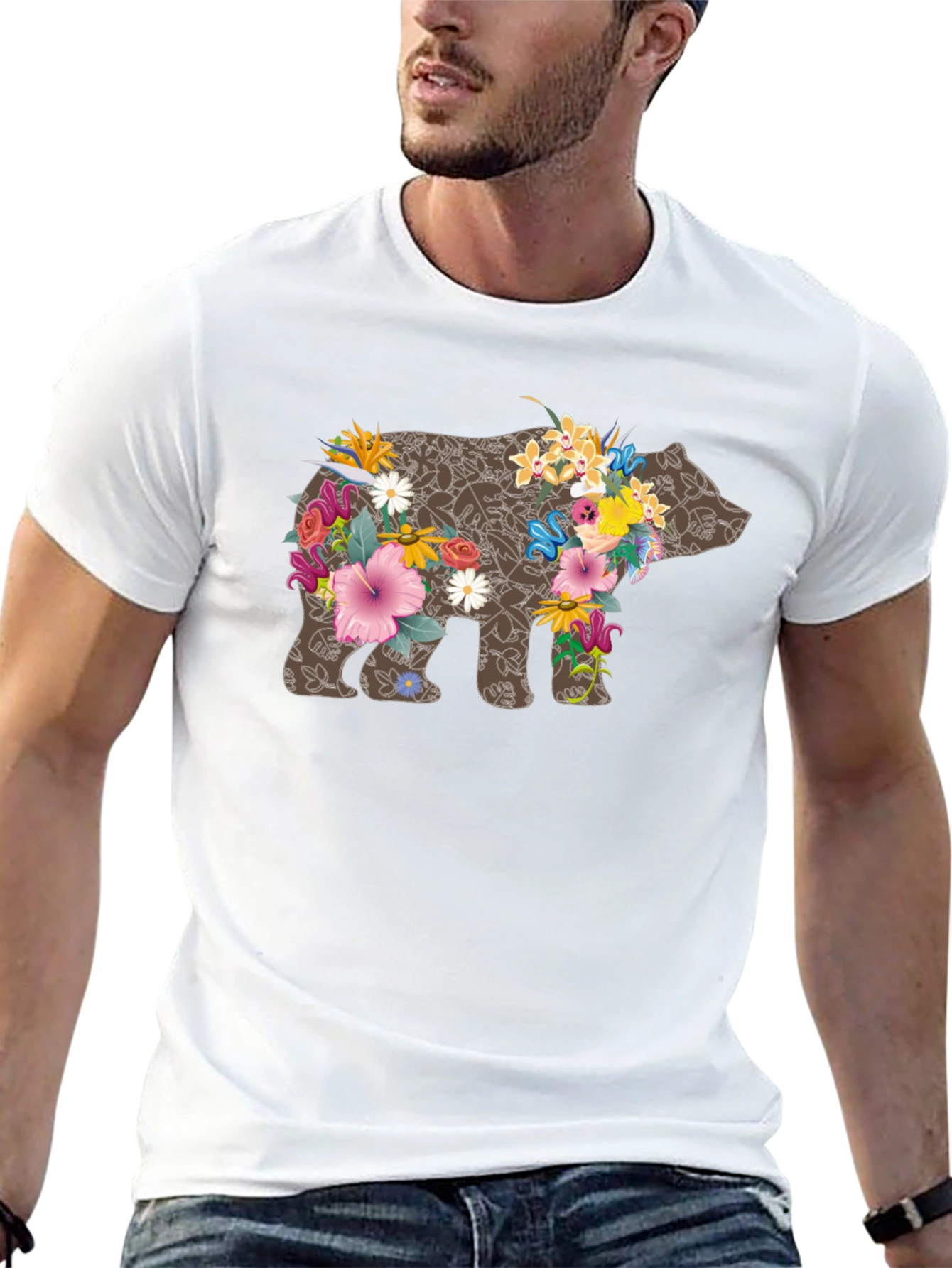 Floral Bear Graphic Tee - Black Casual T-Shirt