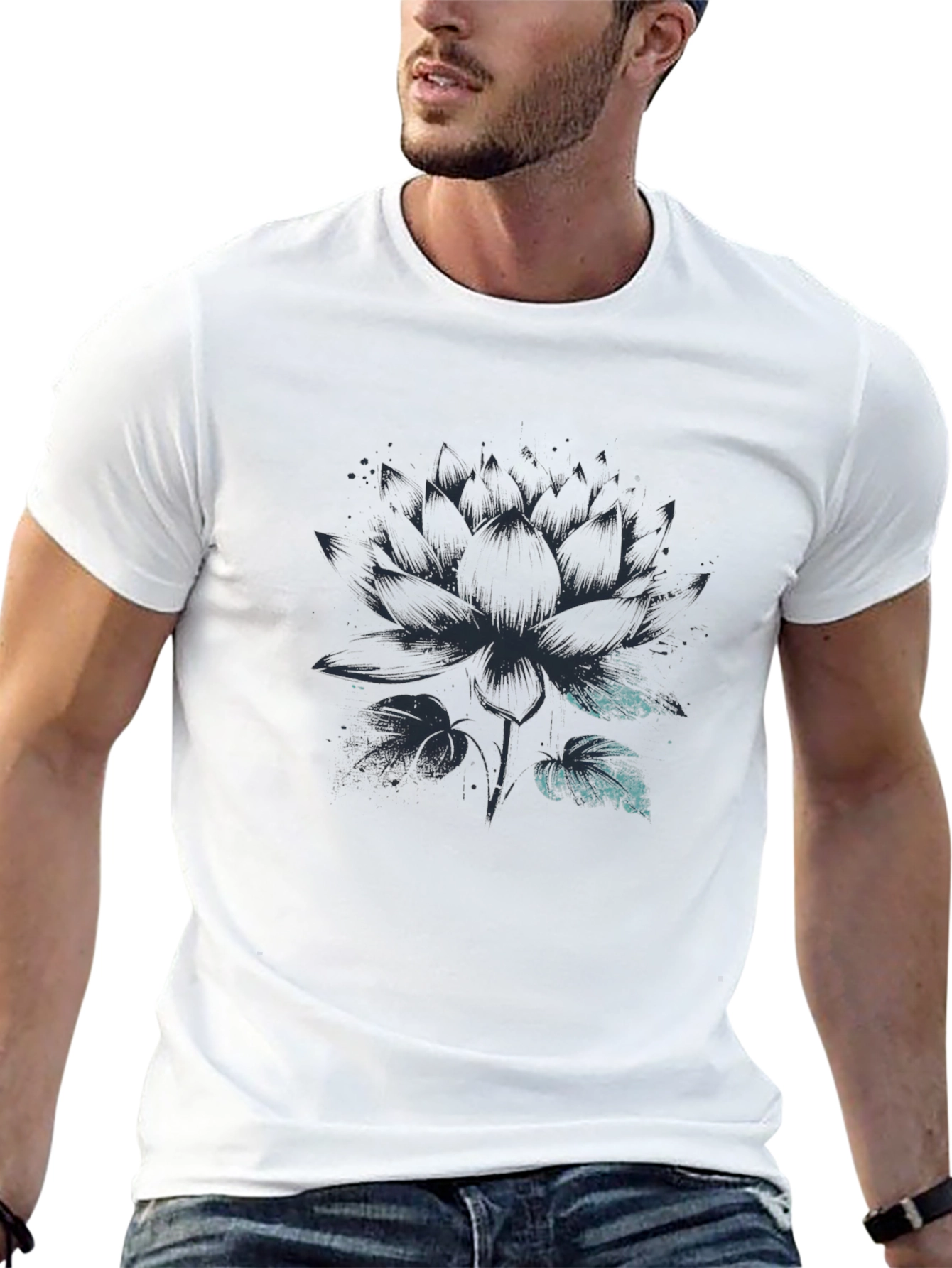 Lotus Flower Graphic Print Mens Black T-Shirt