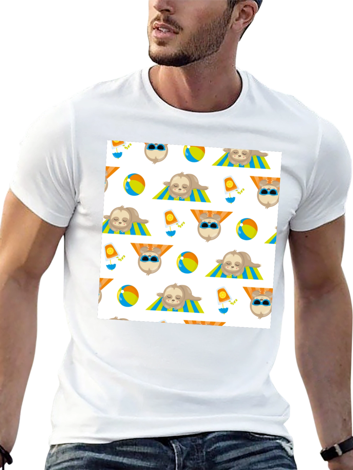 Summer Sloth Pattern Black T-Shirt
