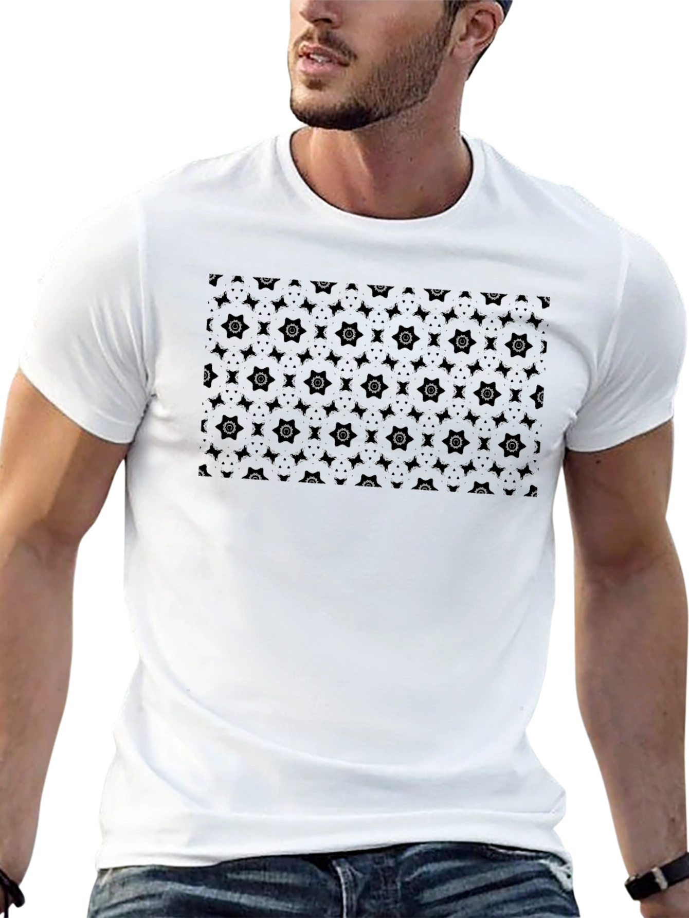 Mens Patterned Black Crew Neck Tee
