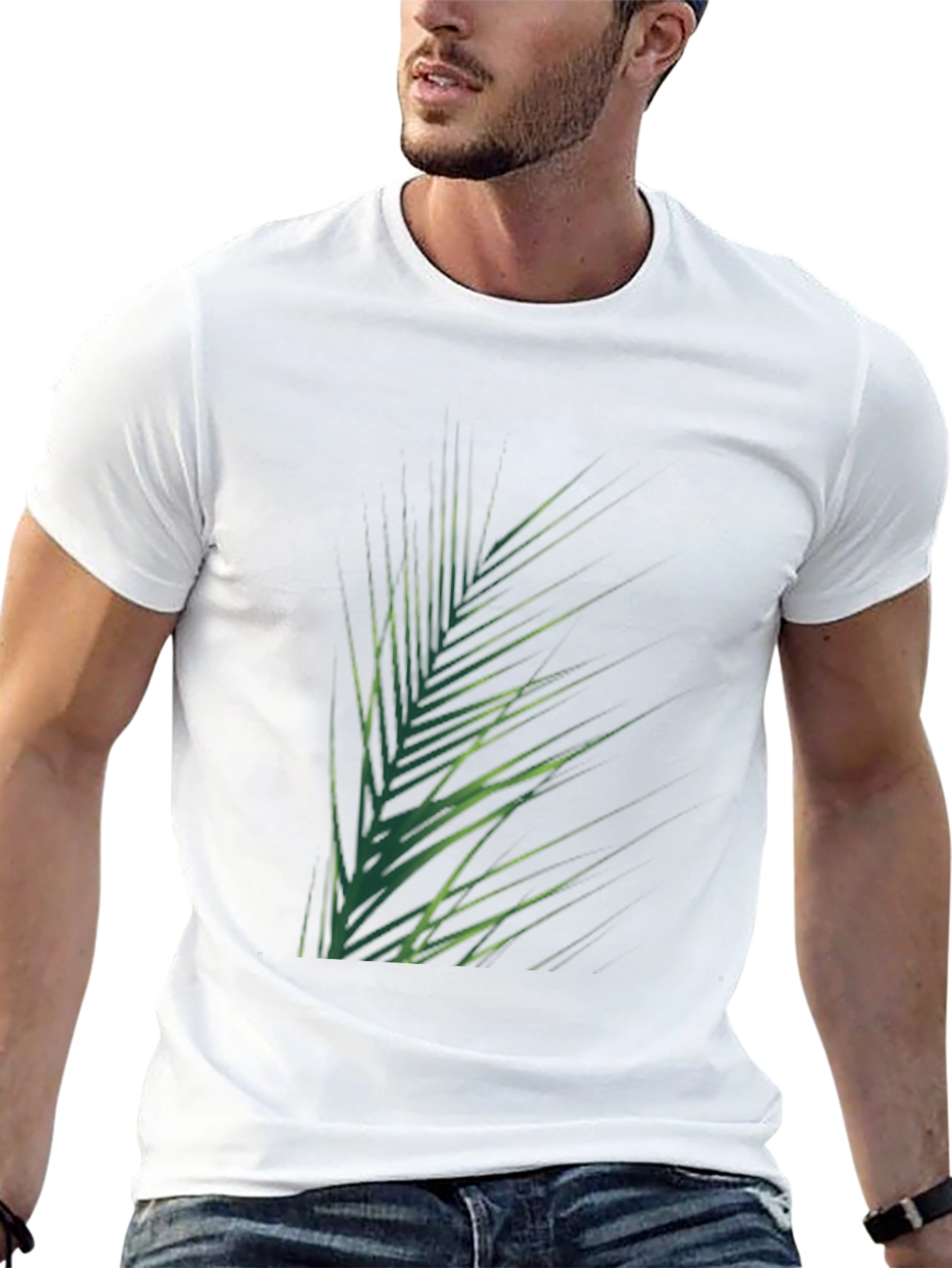 Tropical Green Palm Leaf Print Black T-Shirt