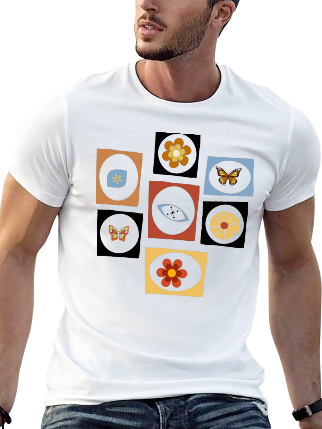 Retro Graphic Tee - Eye & Flower Pattern