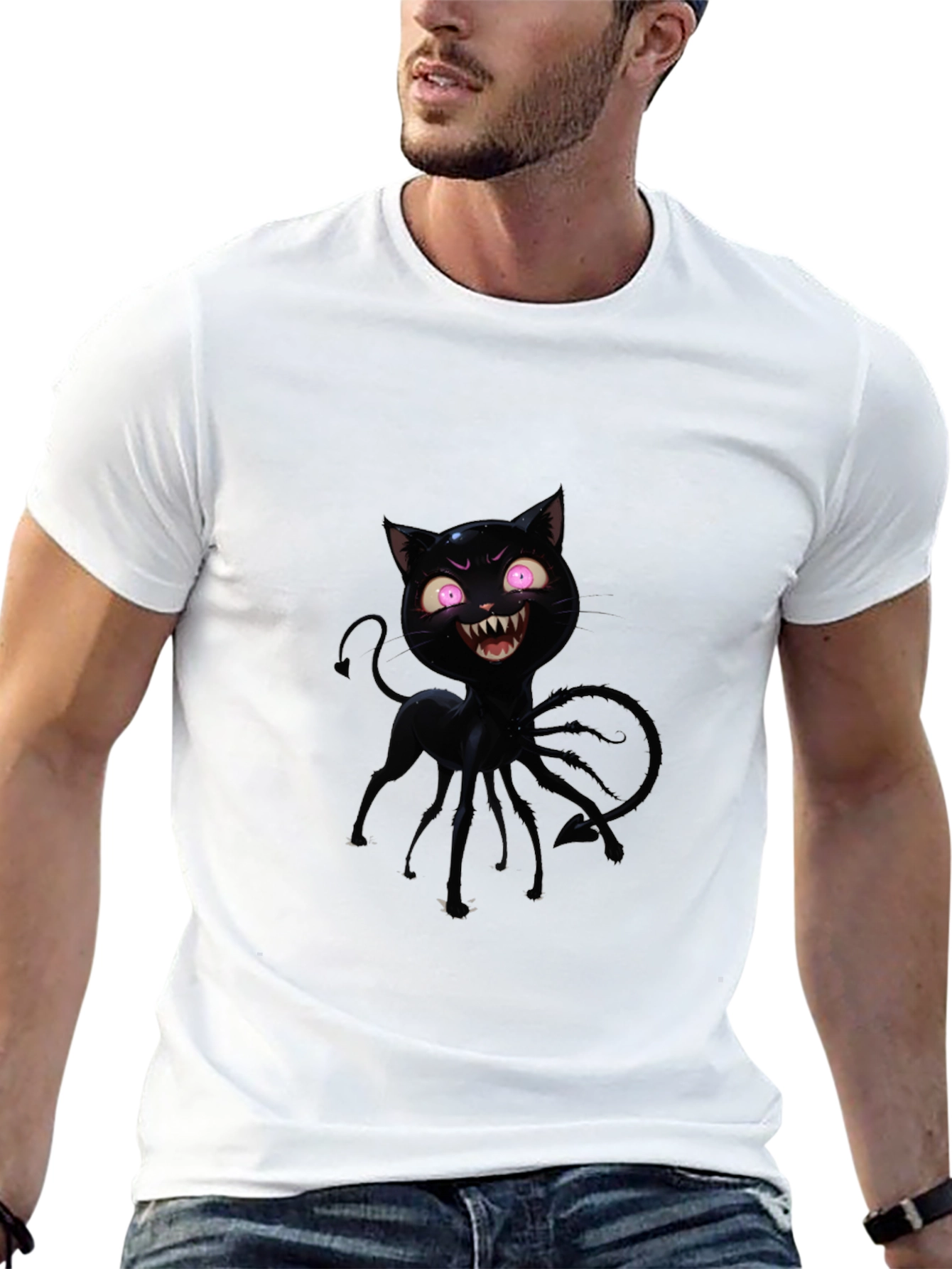 Mens Black Cartoon Cat Graphic T-Shirt