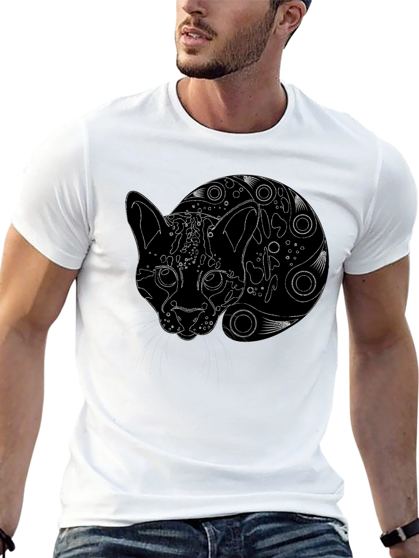 Black T-Shirt with Abstract Cat Design