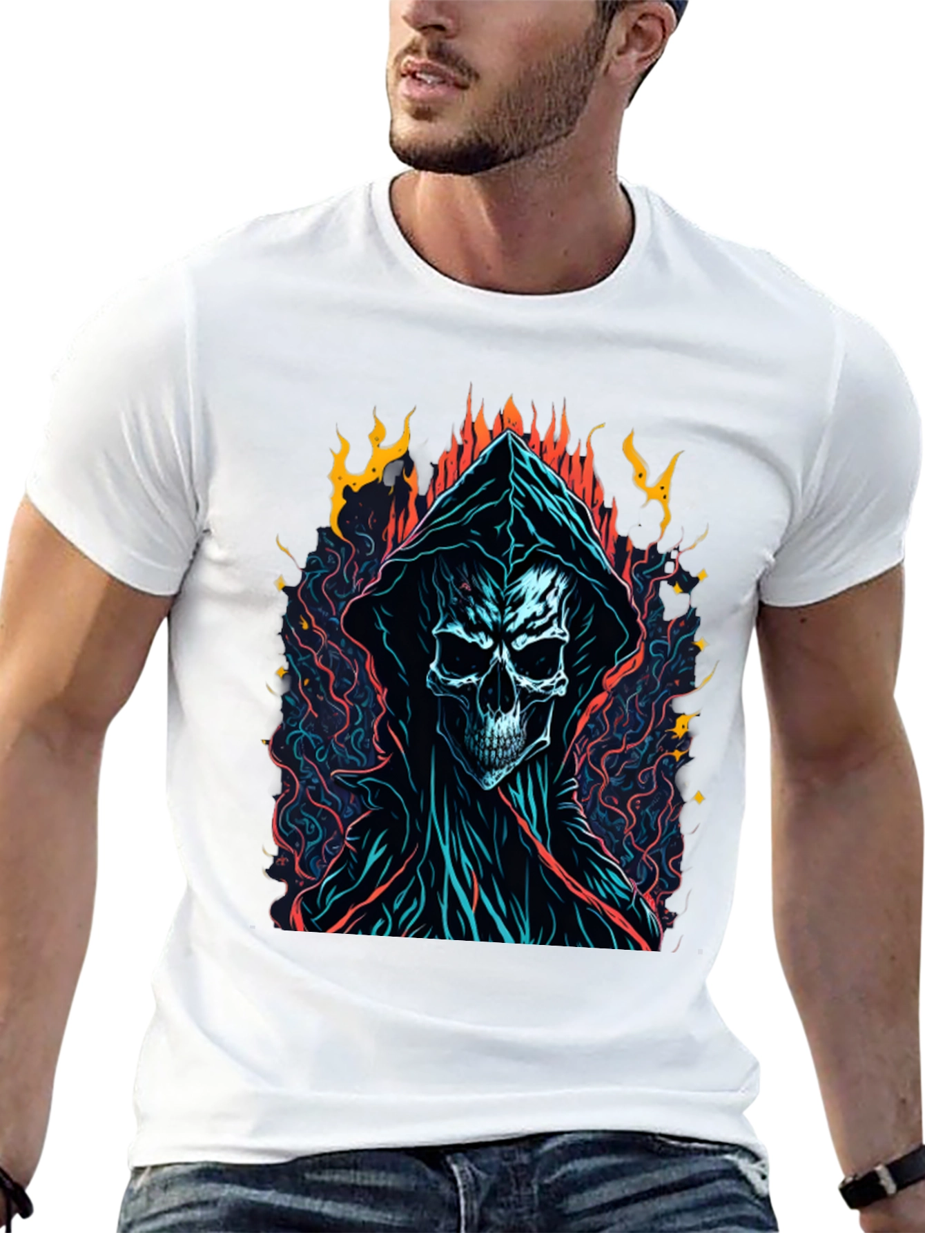 Grim Reaper Graphic Tee - Flame Skull Design