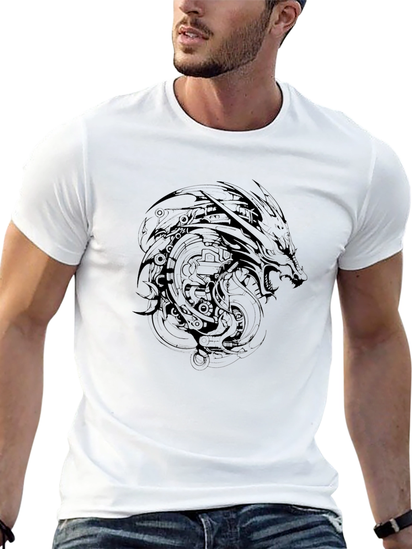 Mens Black Dragon Graphic Print Crew Neck T-Shirt