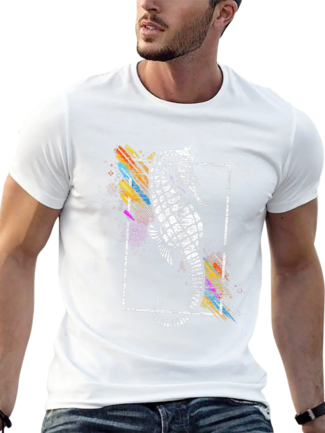 Stylish Seahorse Graphic Print Black T-Shirt