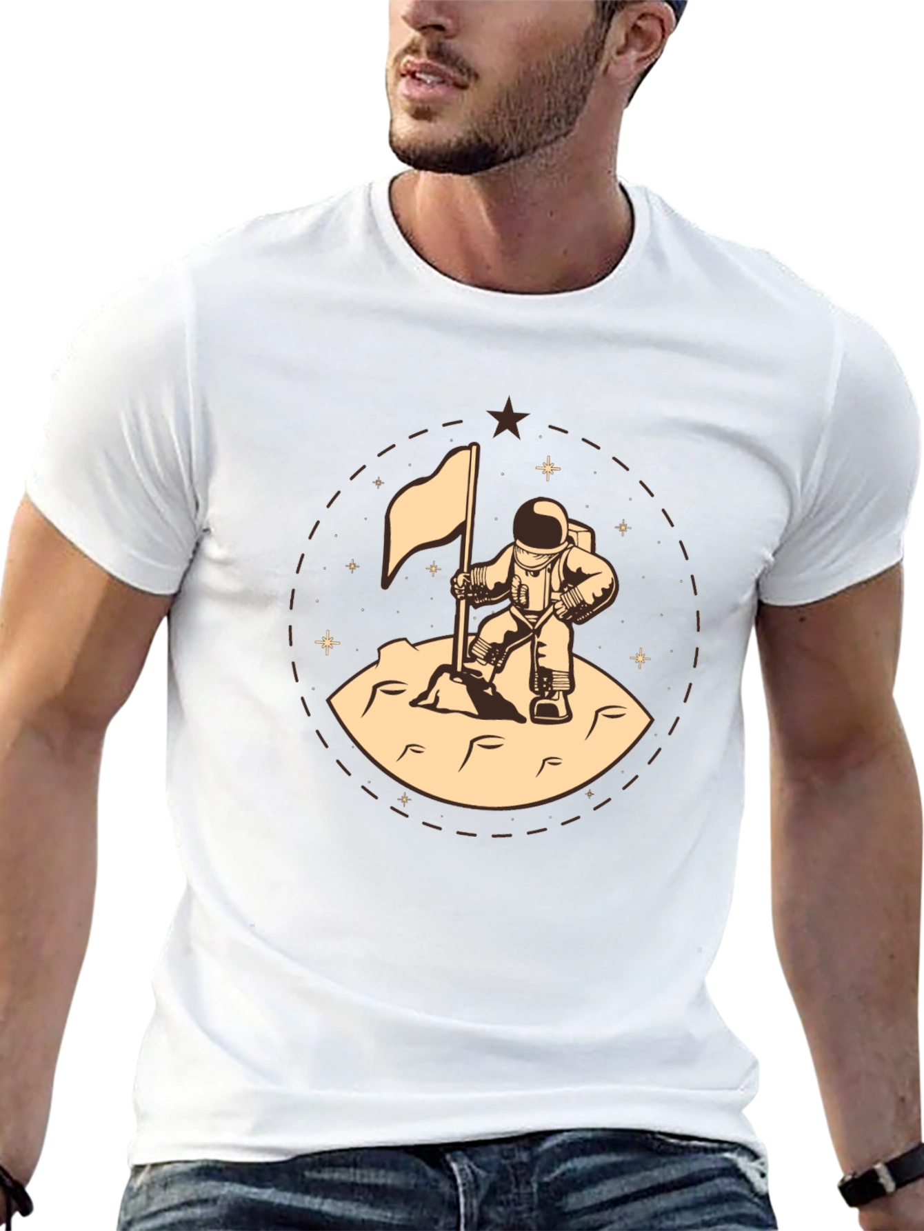 Astronaut Flag Graphic Tee - Black Cotton T-Shirt