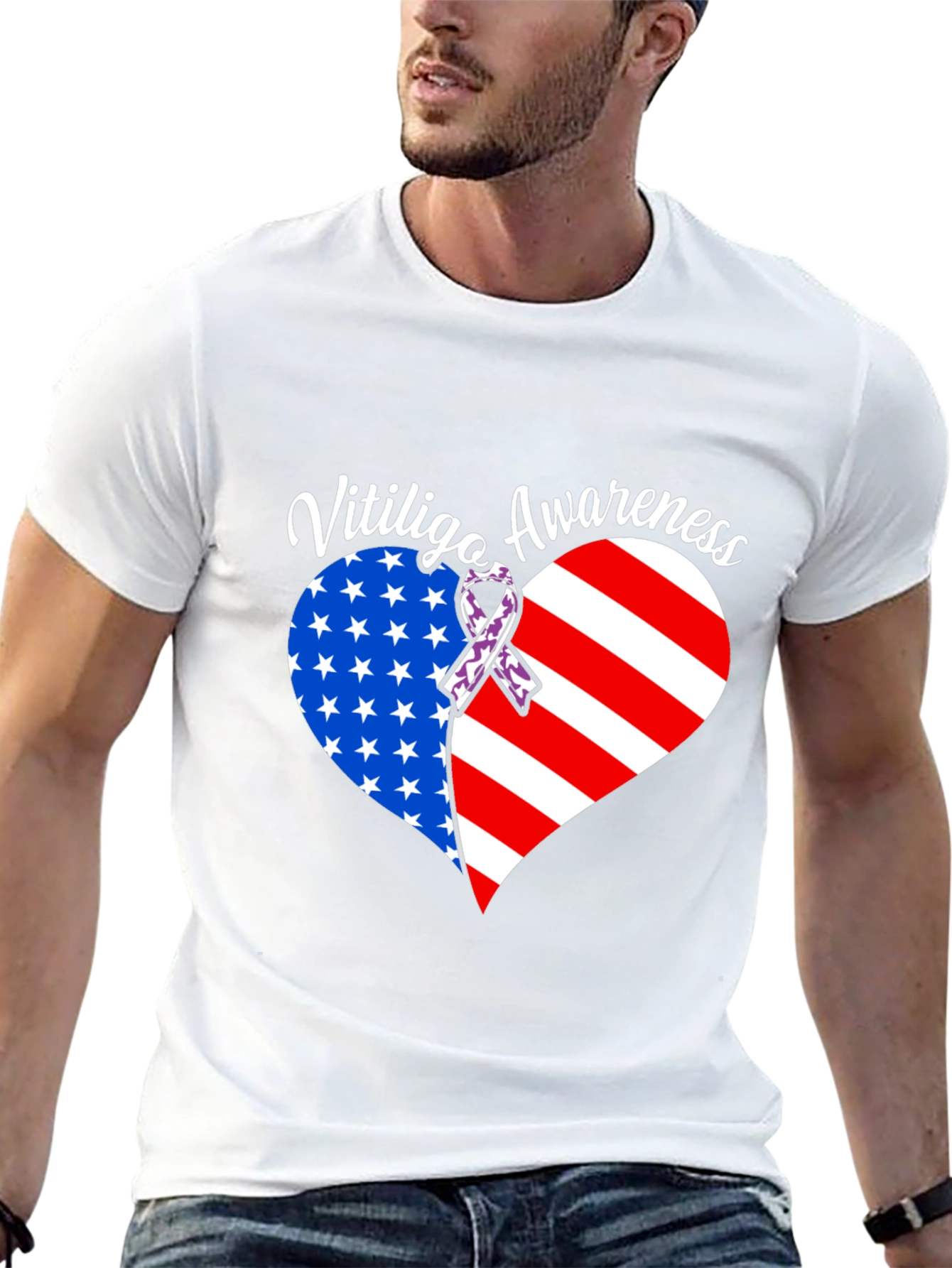 Vitiligo Awareness T-Shirt - American Flag Heart Design