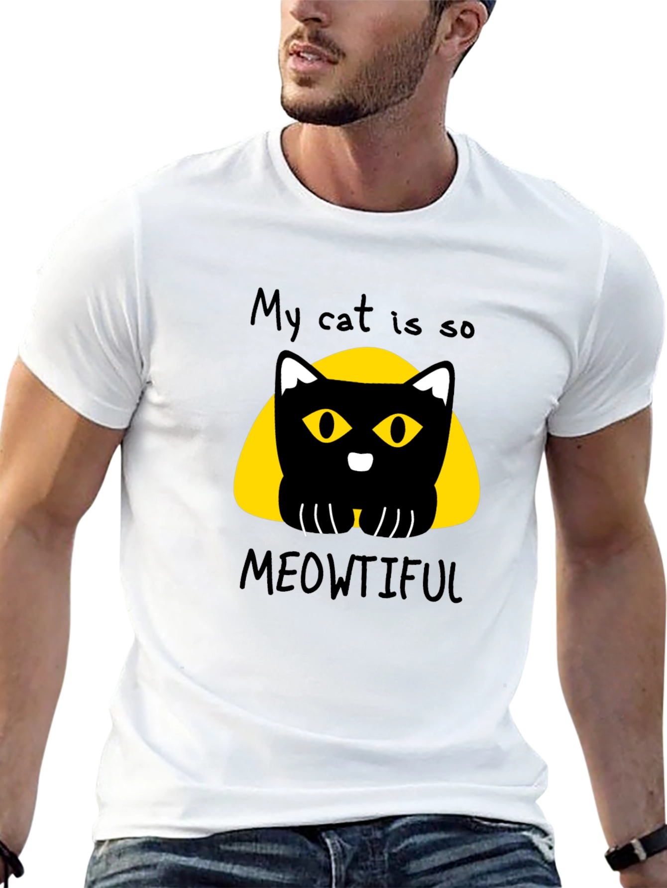 Meowtiful Cat Graphic Tee - Black Cotton T-Shirt