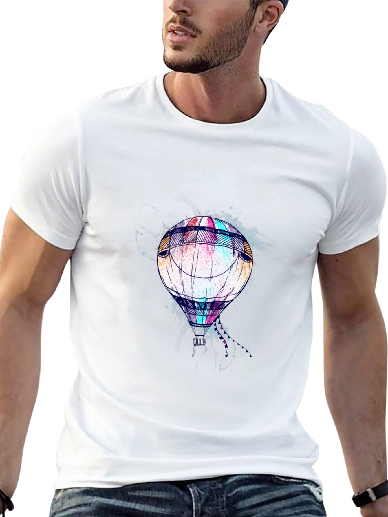 Mens Black T-Shirt with Hot Air Balloon Graphic