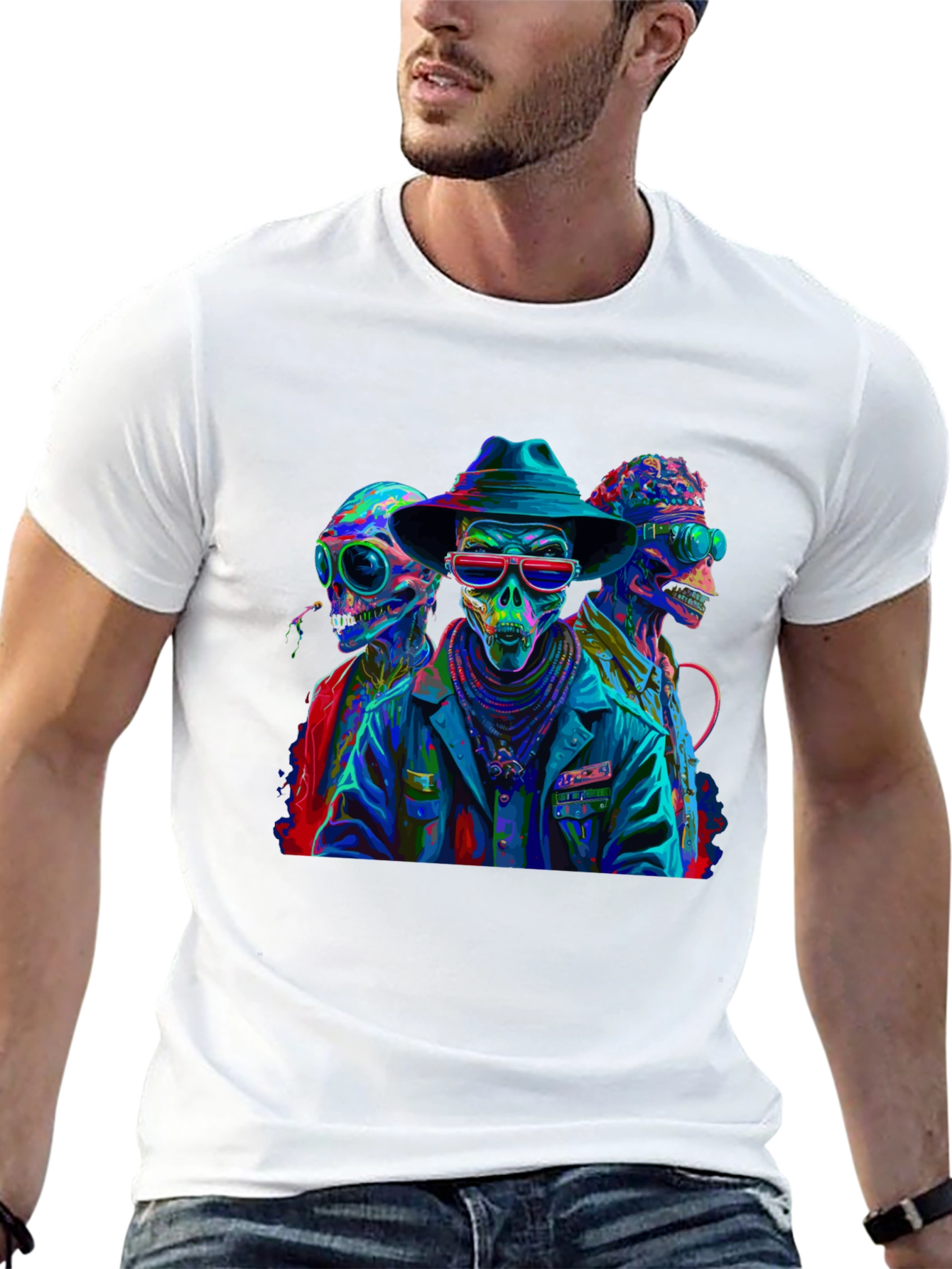 Neon Alien Skeleton Graphic T-Shirt