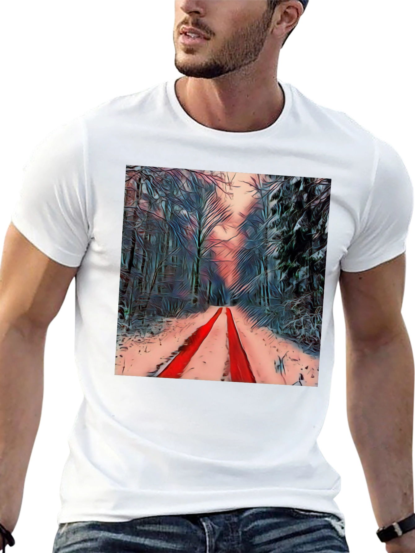 Winter Forest Red Path Black T-Shirt