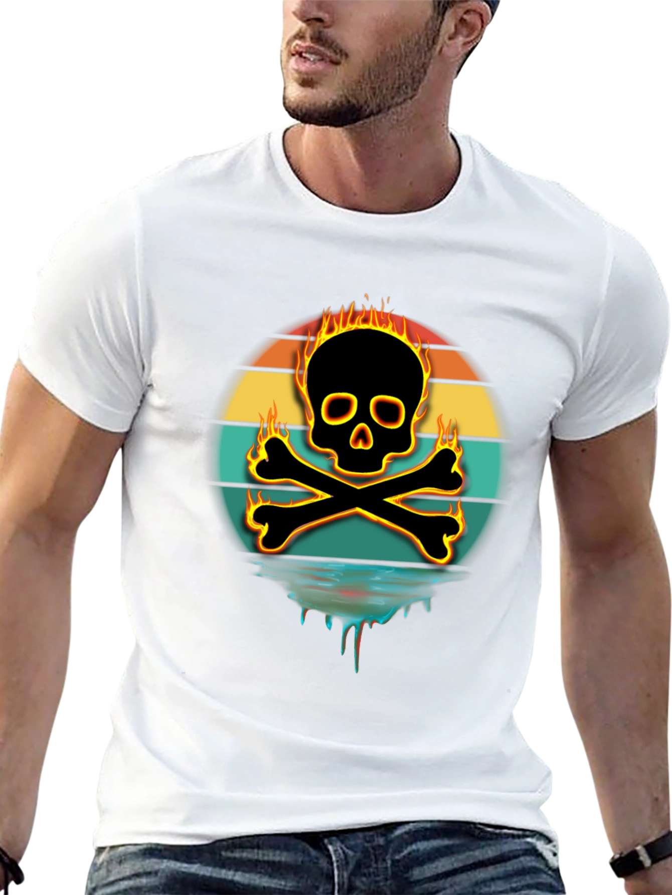 Fiery Skull & Crossbones Graphic Tee - Black