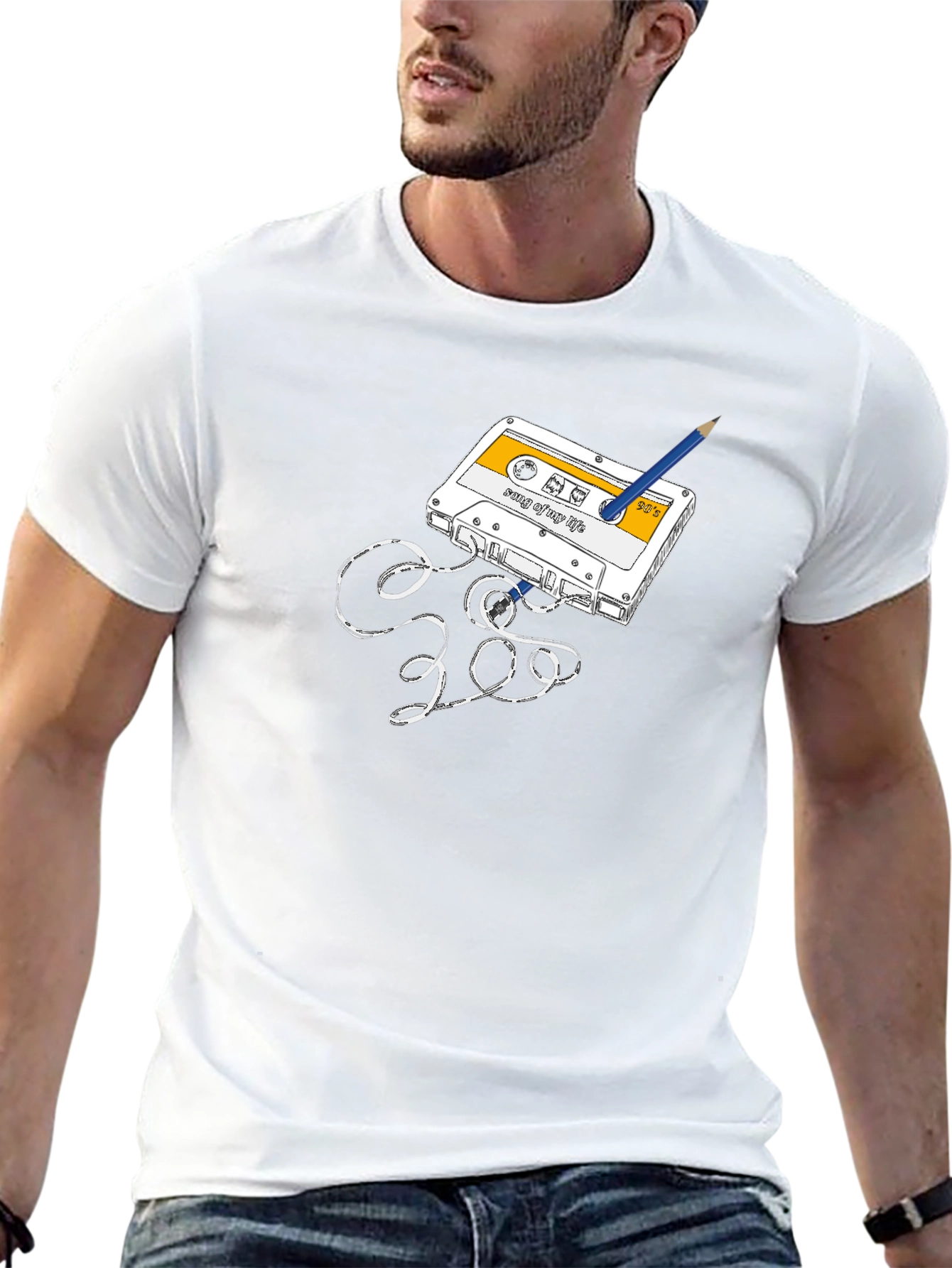 Retro Cassette Tape & Pencil Graphic T-Shirt
