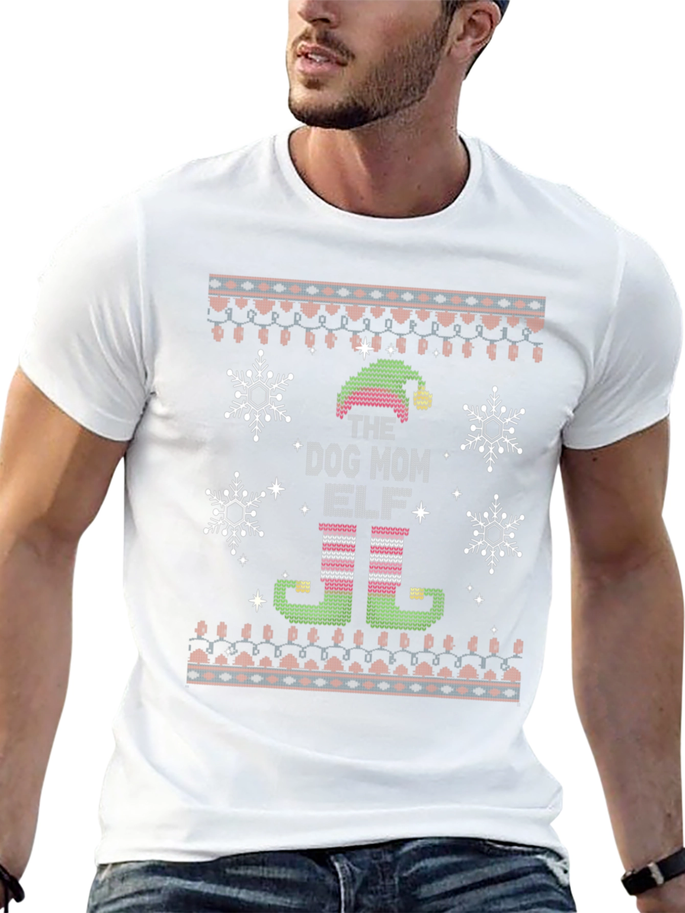 Dog Mom Elf Ugly Christmas Sweater Style T-Shirt