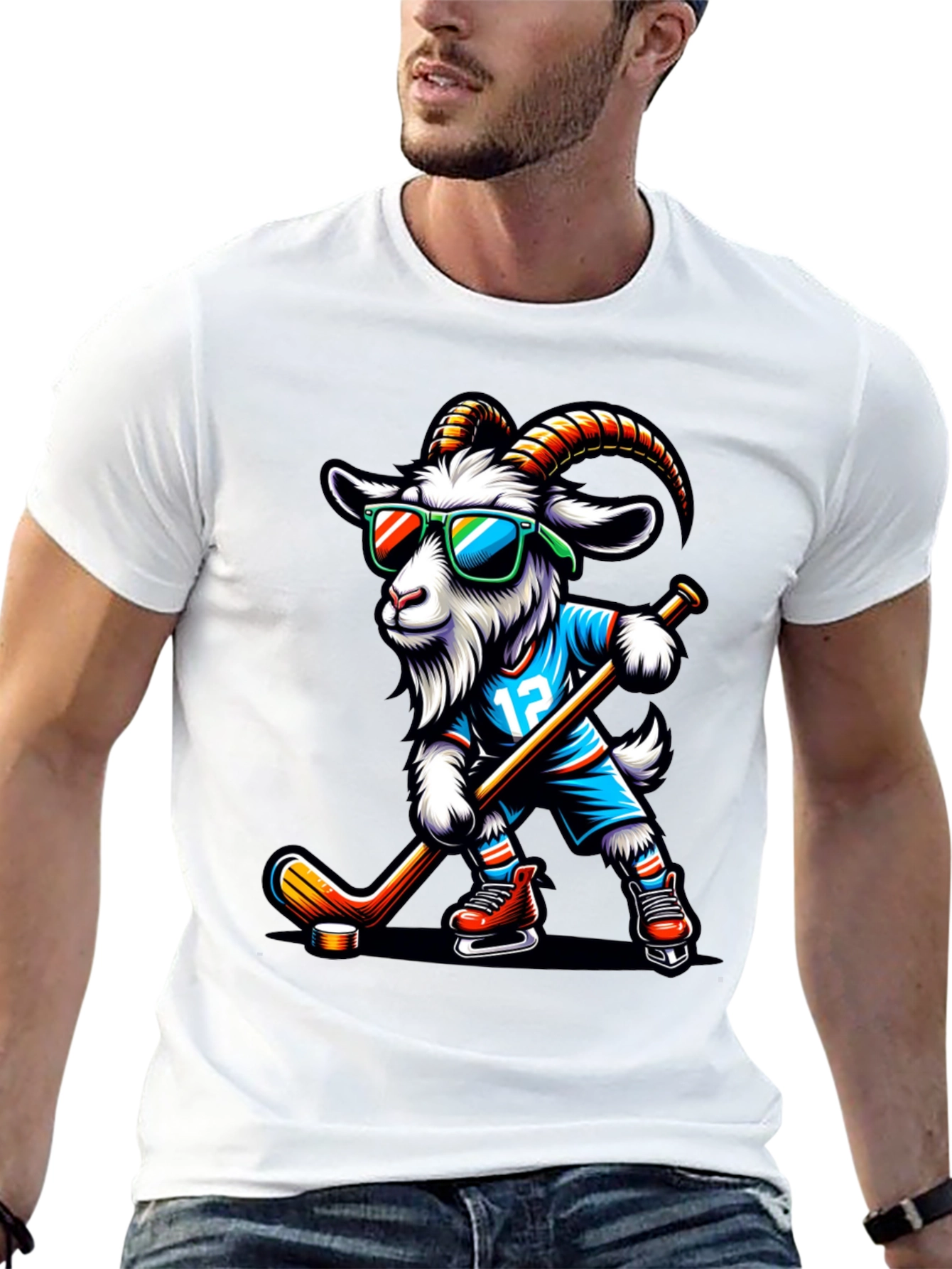 Goat Hockey Player Graphic T-Shirt