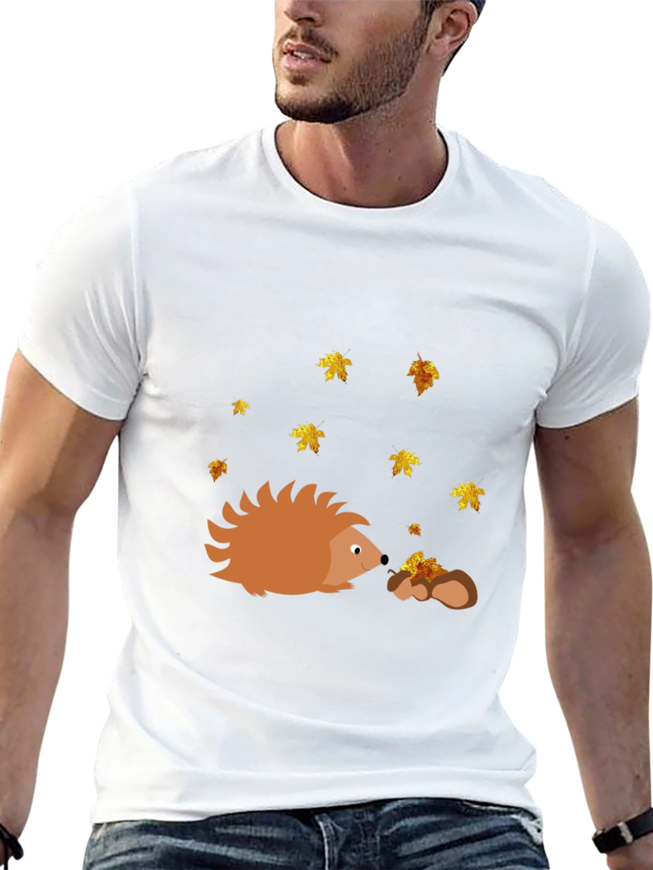 Hedgehog & Fall Leaves Black T-Shirt