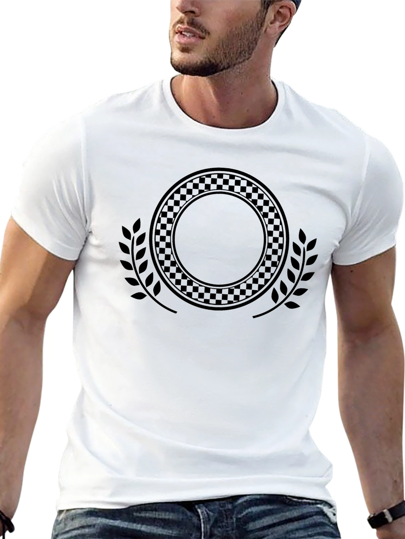 Black Graphic Tee - Wreath & Checkered Circle Design