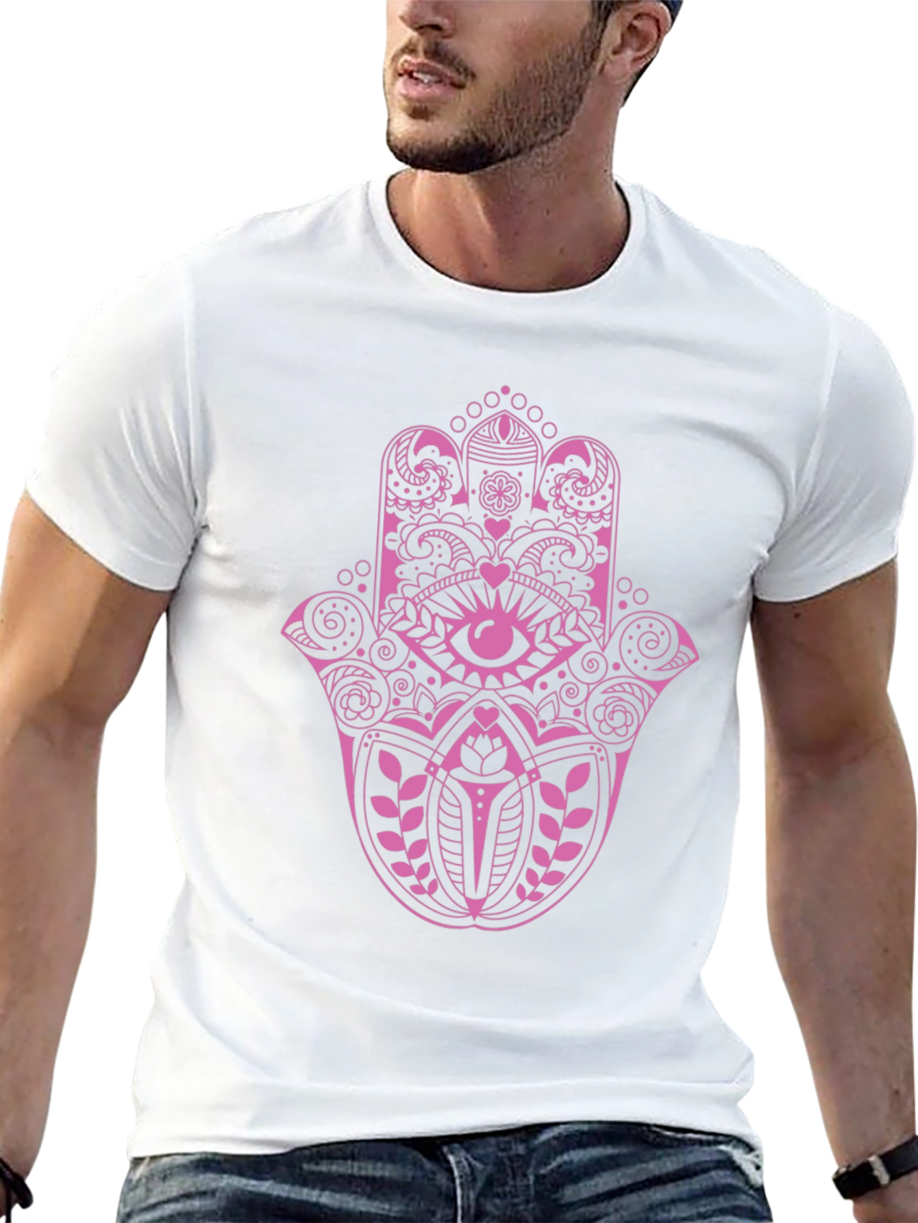 Hamsa Hand Graphic Tee - Pink on Black