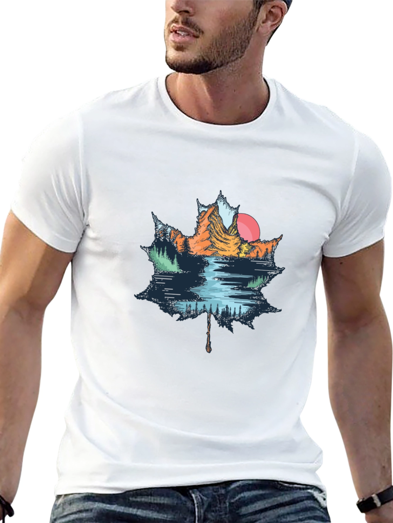 Maple Leaf Mountain Scene Graphic T-Shirt