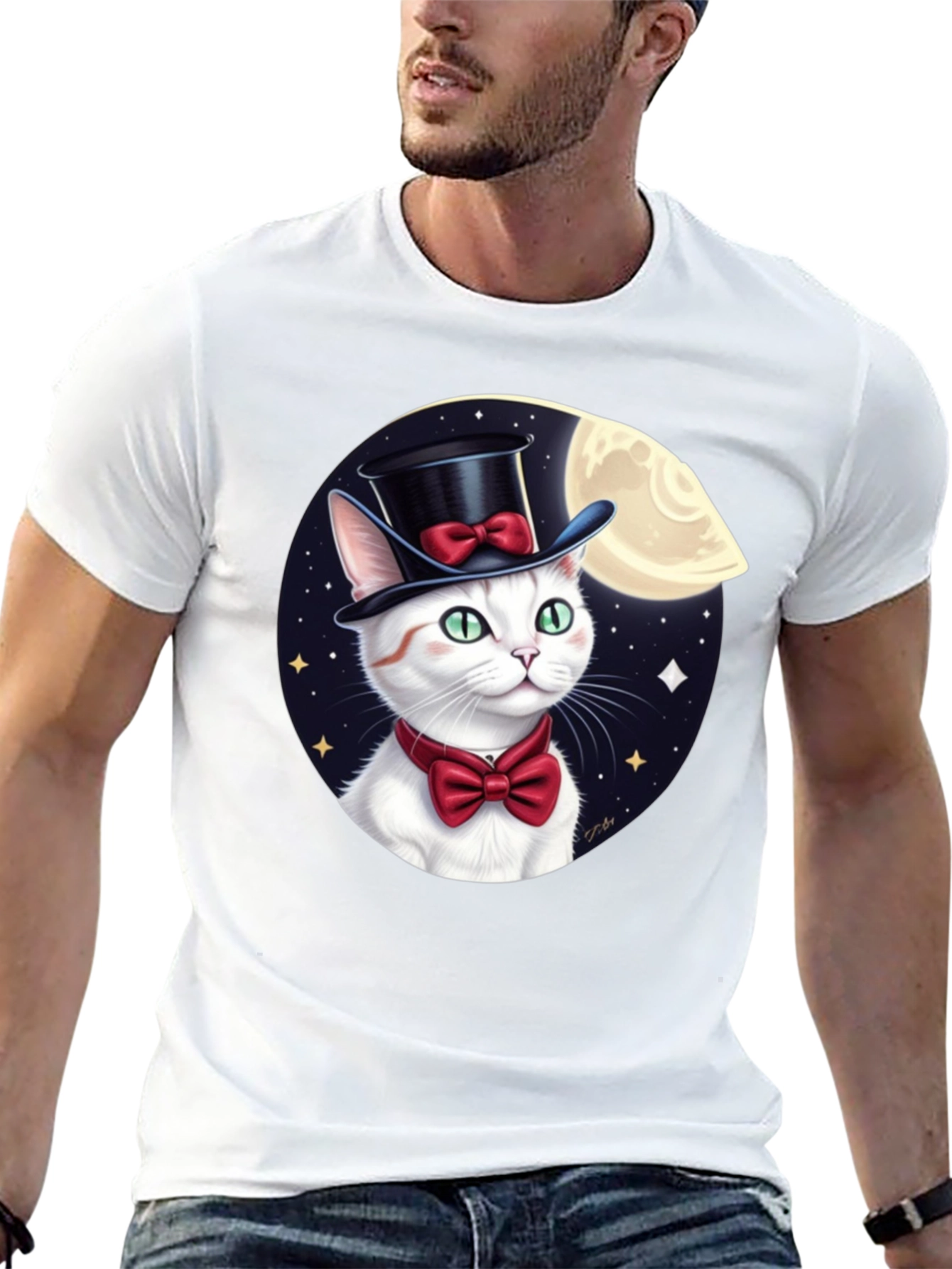 Dapper Cat T-Shirt: Moonlit Top Hat Bowtie