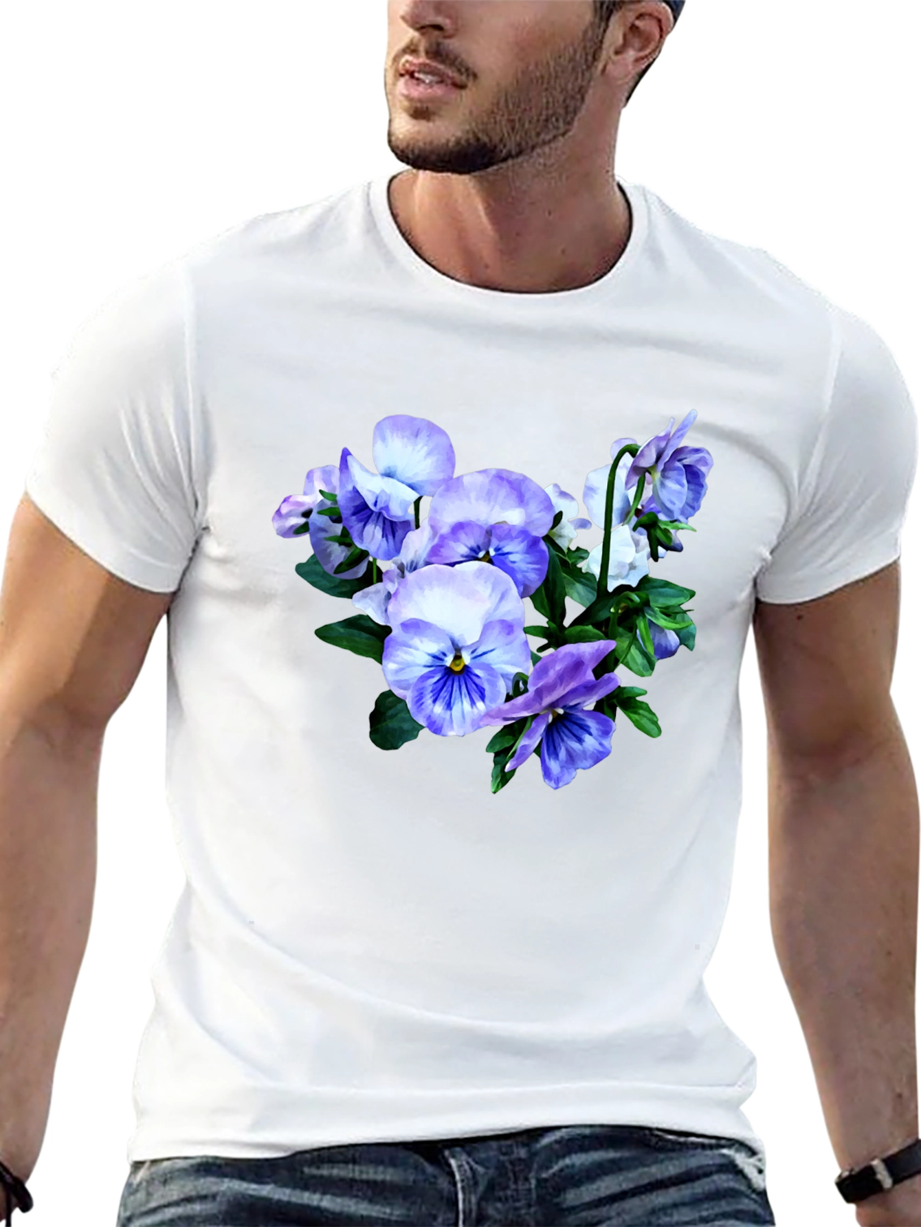 Floral T-Shirt with Pansies Black Cotton Tee