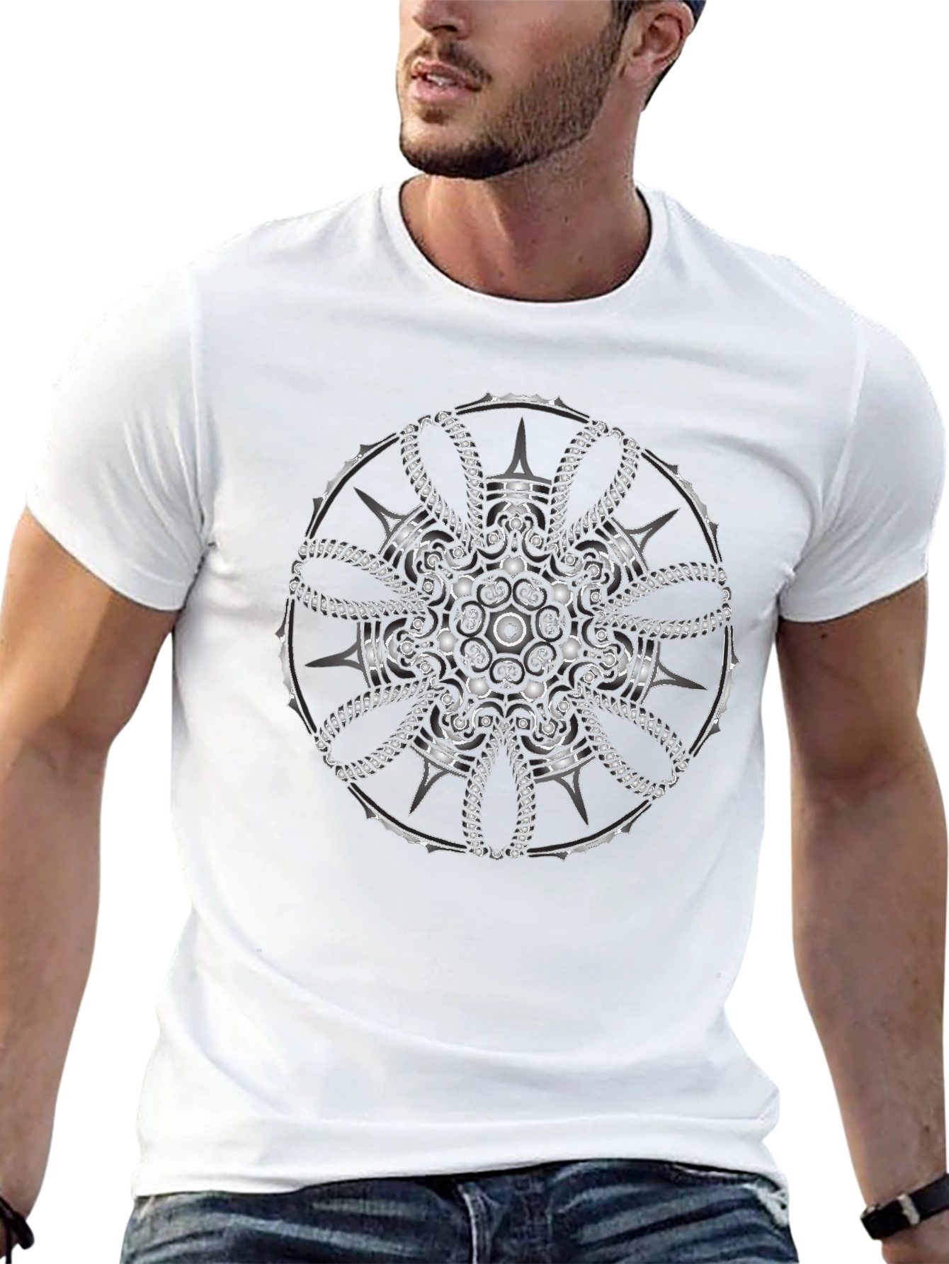 Mens Black T-Shirt with Intricate Silver Mandala Design