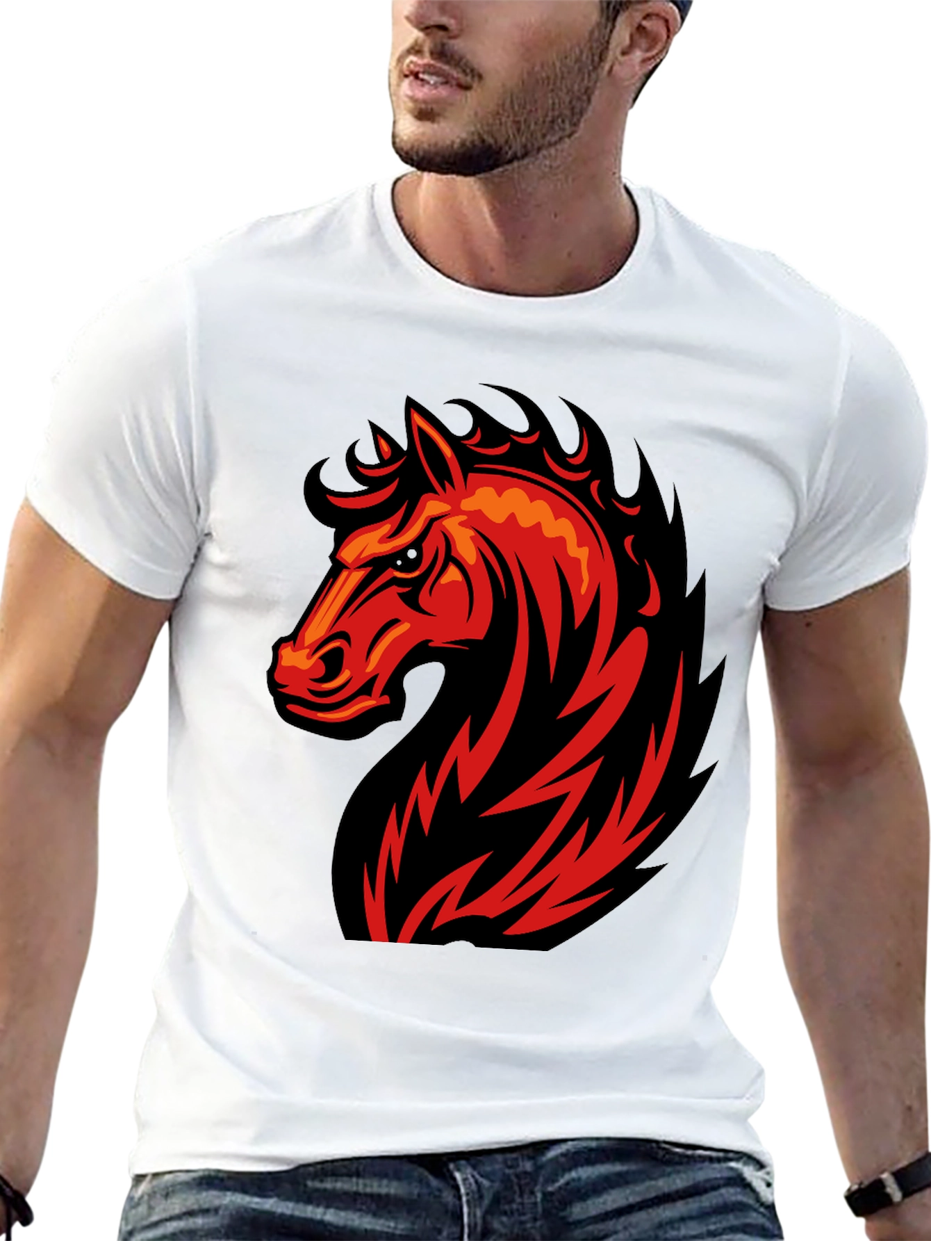 Black T-Shirt with Fiery Horse Graphic
