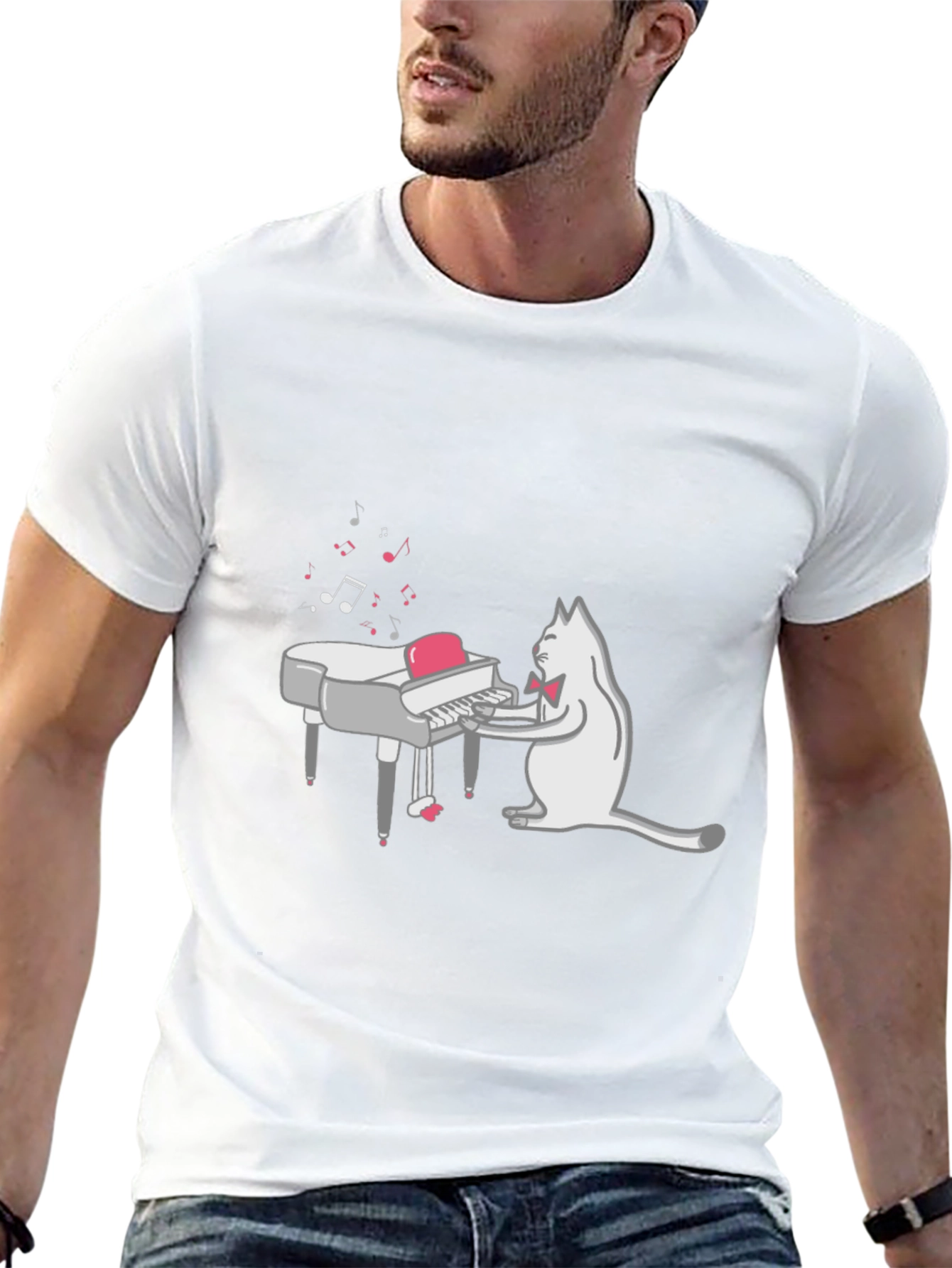Cool Cat Piano Player Graphic T-Shirt