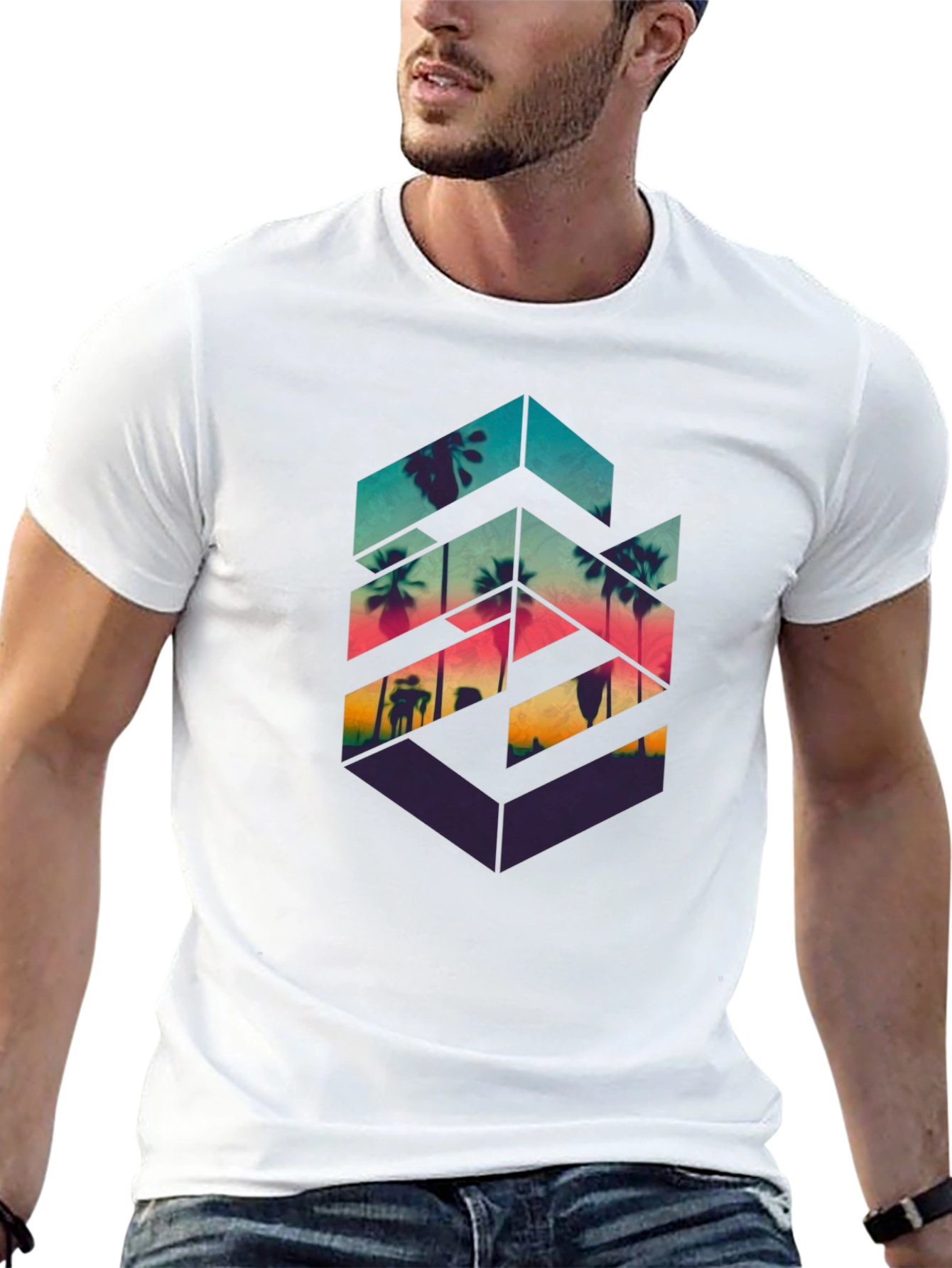 Geometric Palm Tree Graphic Tee - Tropical Vibes