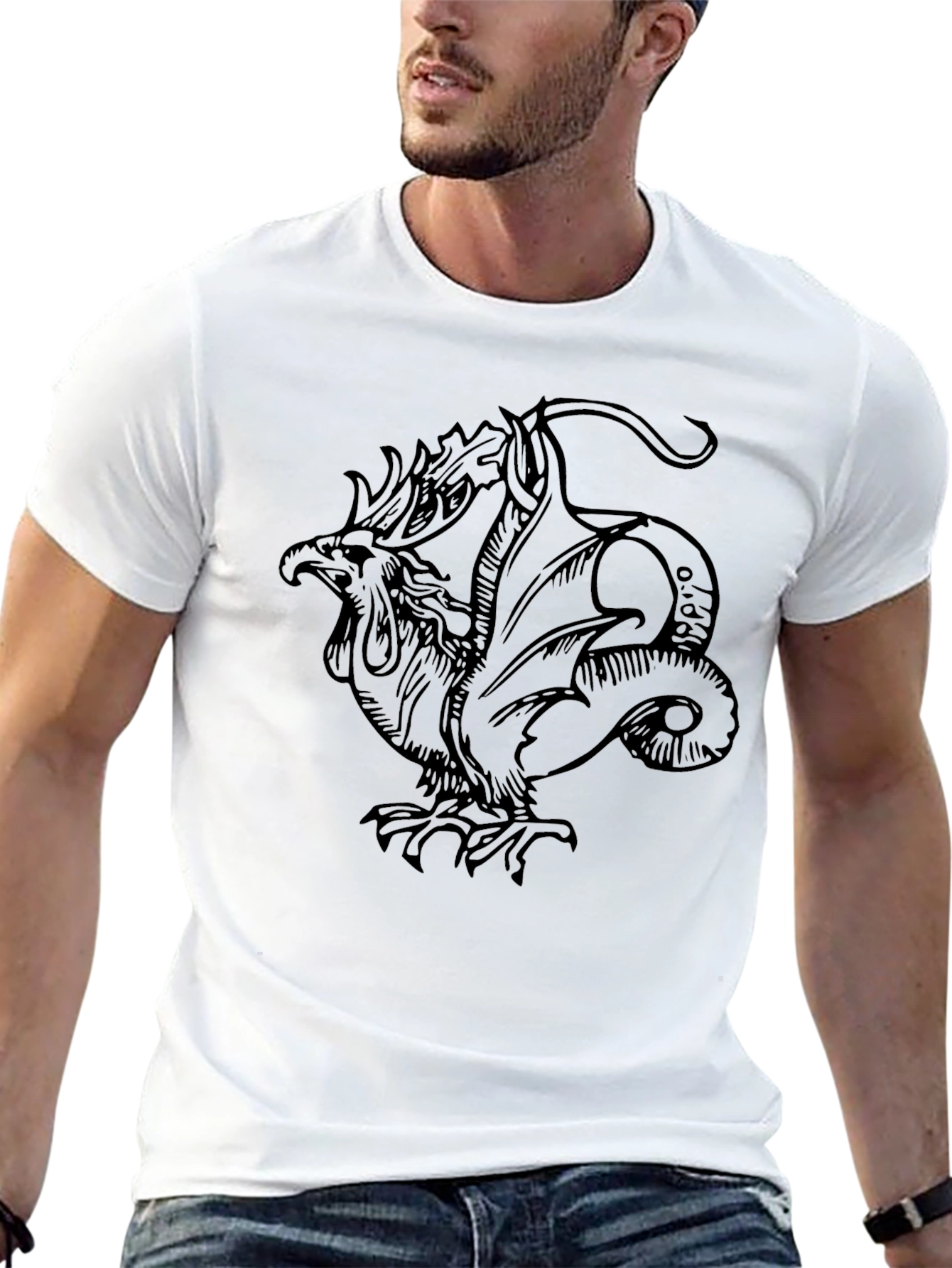 Mythical Rooster Dragon Graphic Tee - Black