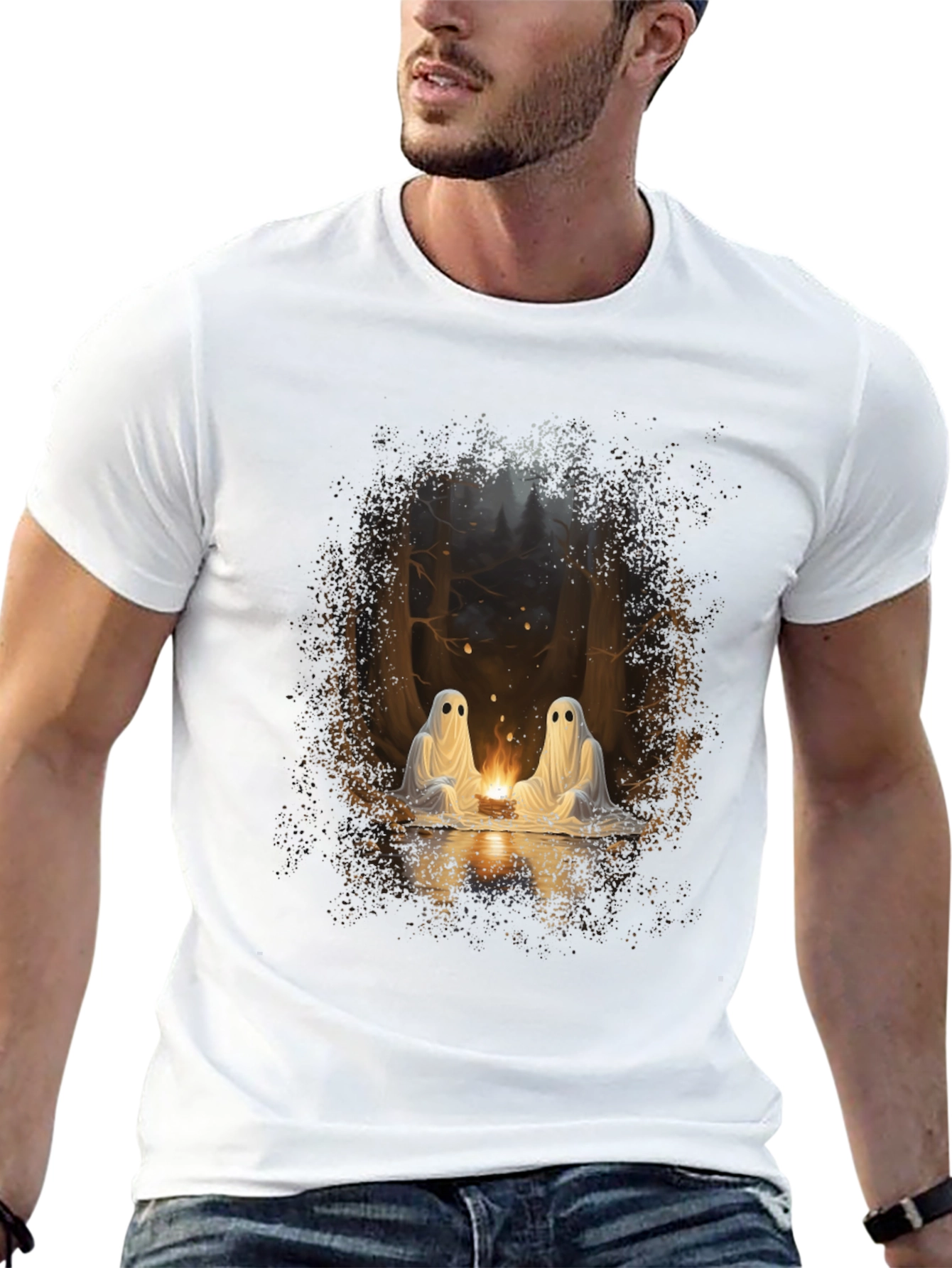Spooky Ghosts Campfire Graphic Tee - Soft Black Cotton